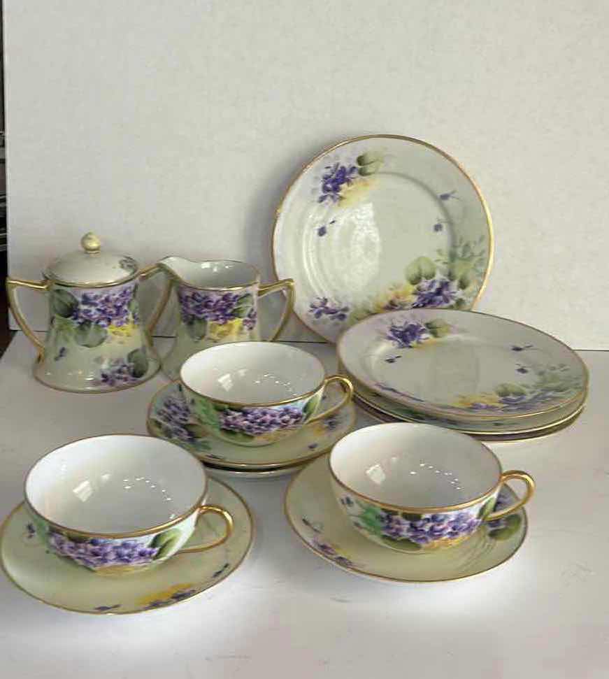 Photo 1 of 13 PC - VINTAGE TE-OH NIPPON HAND-PAINTED PORCELAIN TEA & DESSERT SERVICE SET FEATURING A PURPLE VIOLETS PATTERN