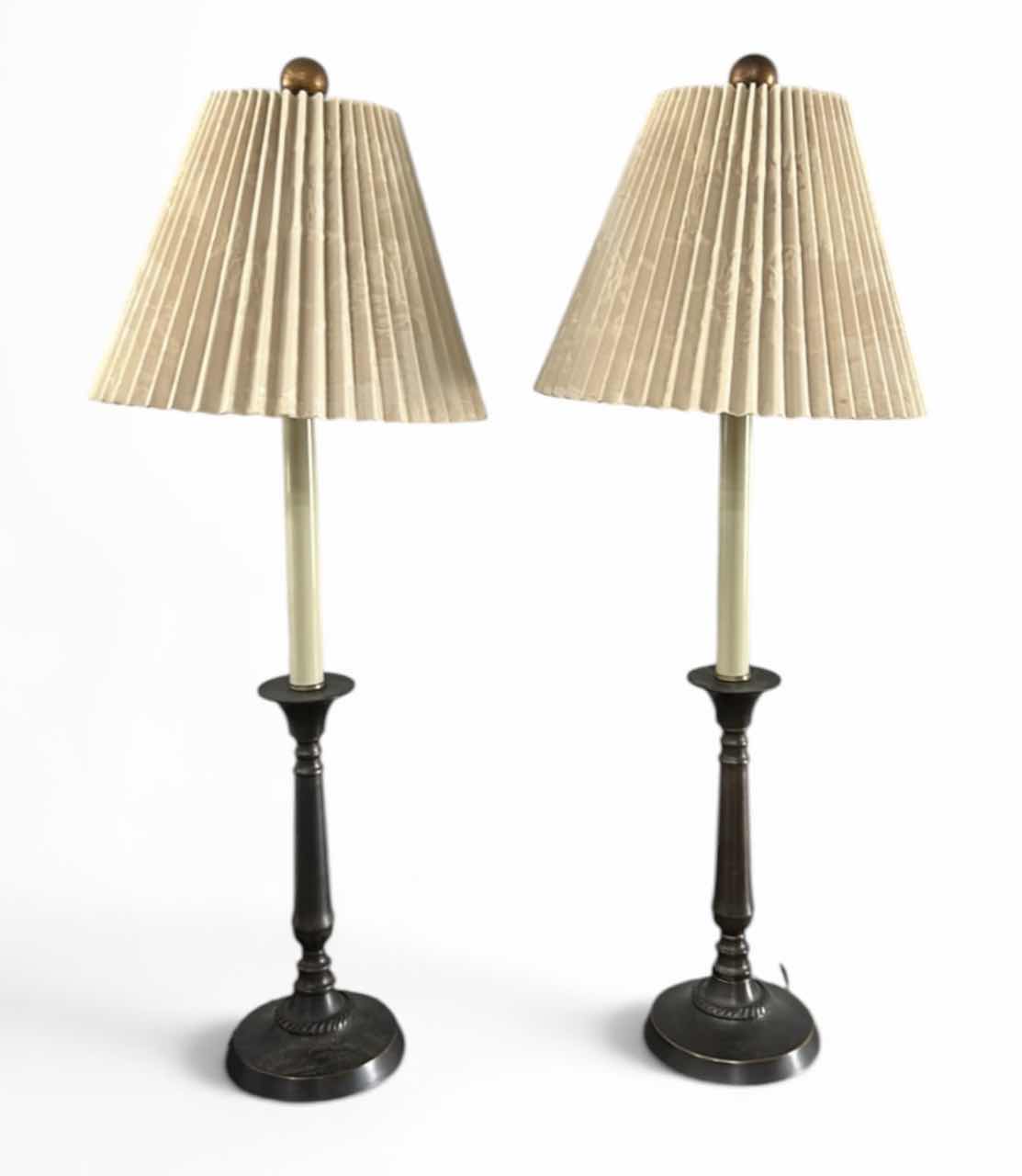 Photo 1 of 2- ANTIQUE BRONZE TABLE LAMP WITH PLEATED EMPIRE SHADE & FLUTED COLUMN STEM H27”