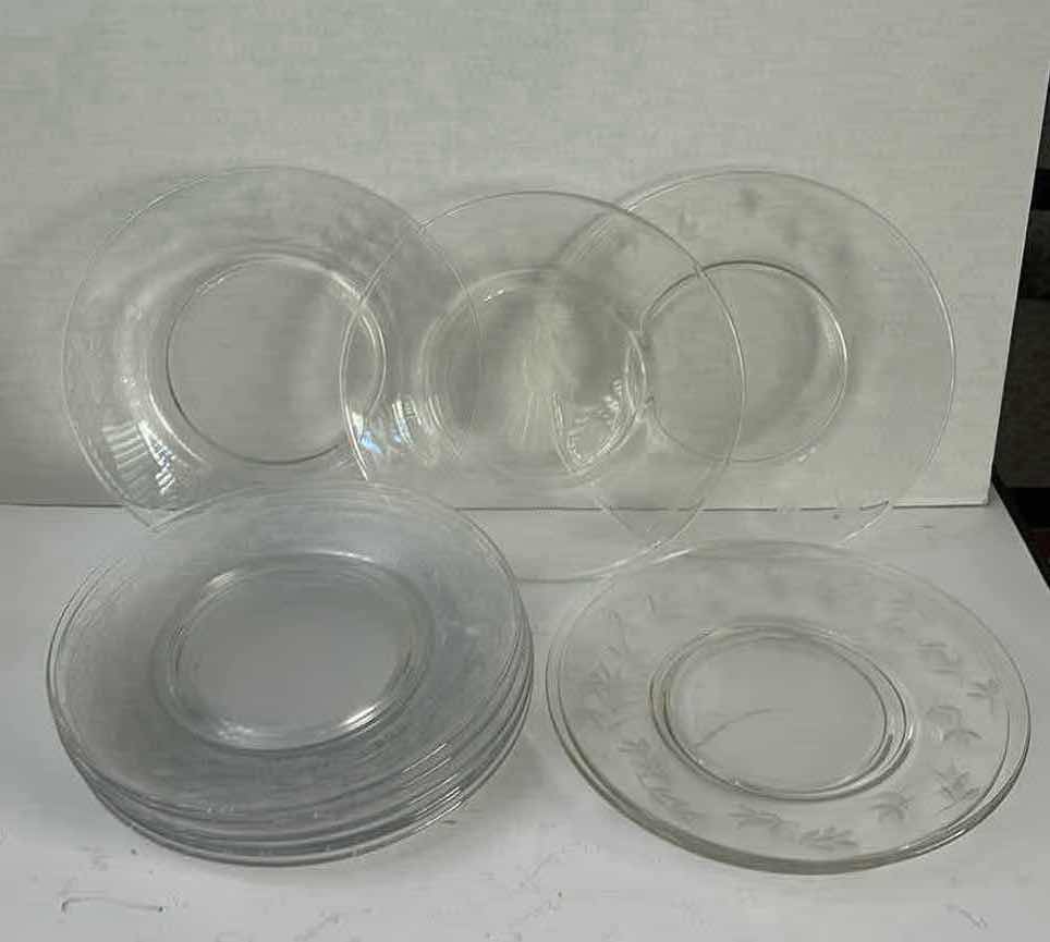 Photo 1 of 11- VINTAGE CLEAR GLASS PLATES FEATURING AN ETCHED FLORAL, BOTANICAL LEAF & LADY PATTERN