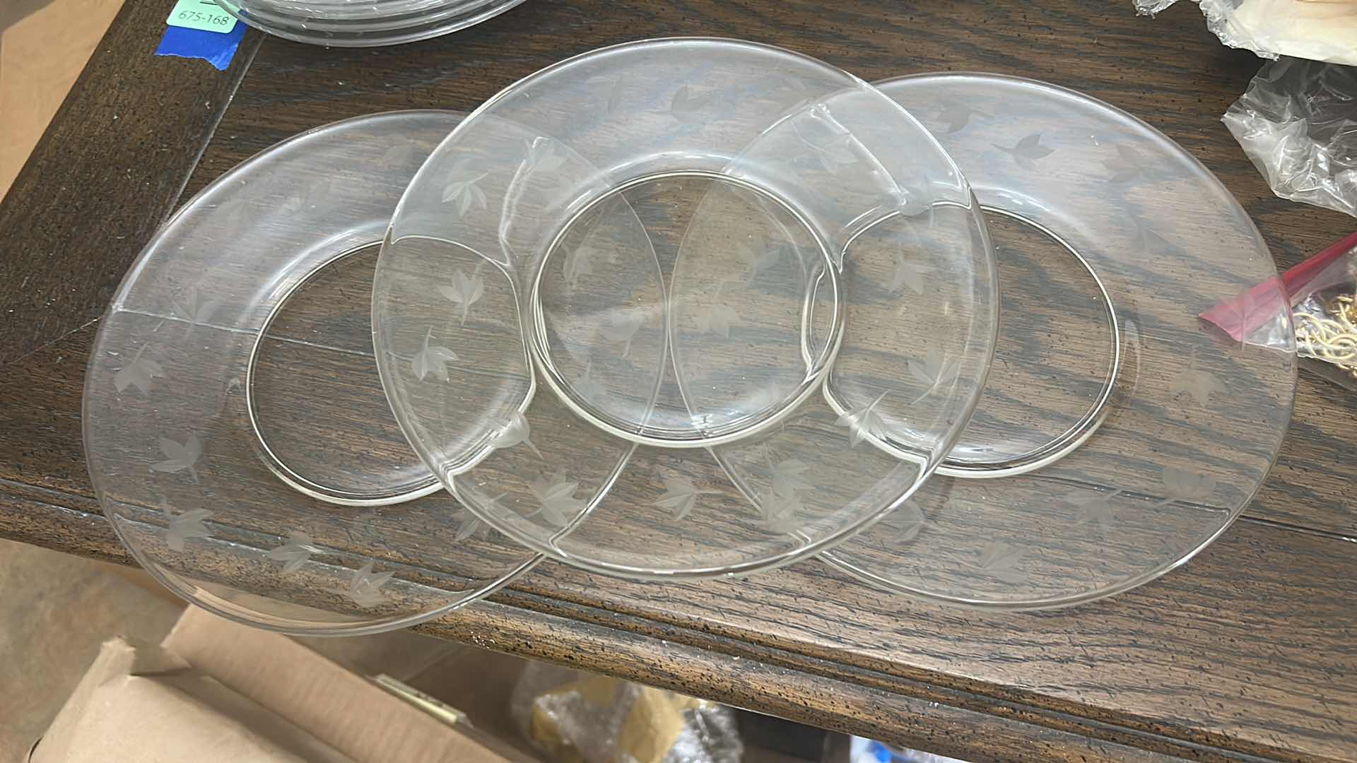 Photo 1 of 11- VINTAGE CLEAR GLASS PLATES FEATURING AN ETCHED FLORAL, BOTANICAL LEAF & LADY PATTERN