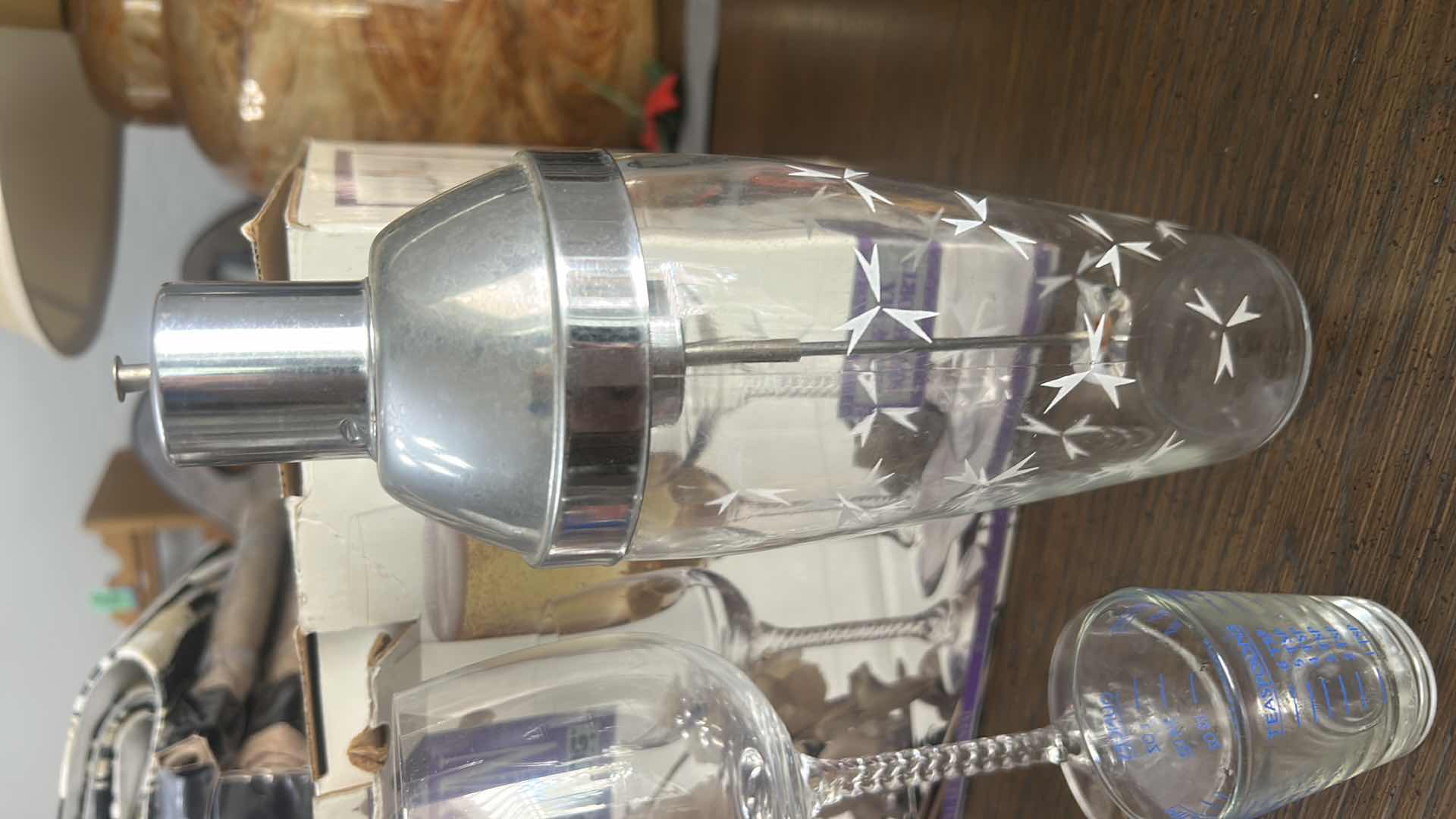 Photo 1 of 3 VINTAGE SILVER CROWN CORNING SOUTHPORT STEMWARE GLASSES & COCKTAIL, SHAKER, AND SHOT GLASS