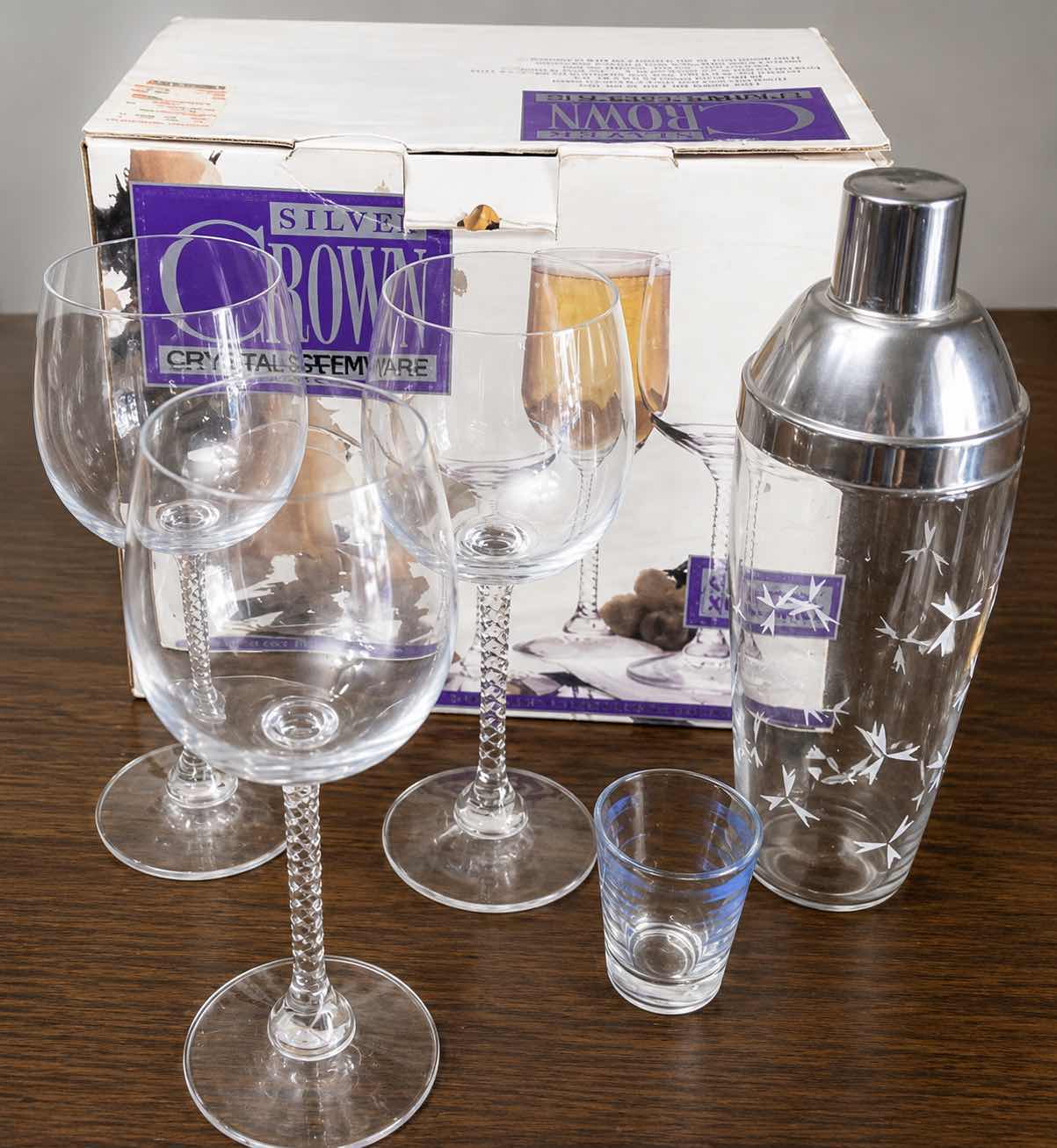 Photo 1 of 3 VINTAGE SILVER CROWN CORNING SOUTHPORT STEMWARE GLASSES & COCKTAIL, SHAKER, AND SHOT GLASS
