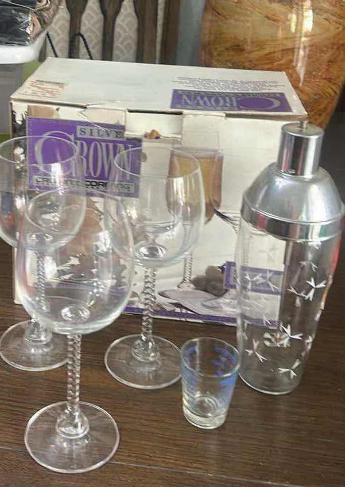 Photo 1 of 3 VINTAGE SILVER CROWN CORNING SOUTHPORT STEMWARE GLASSES & COCKTAIL, SHAKER, AND SHOT GLASS