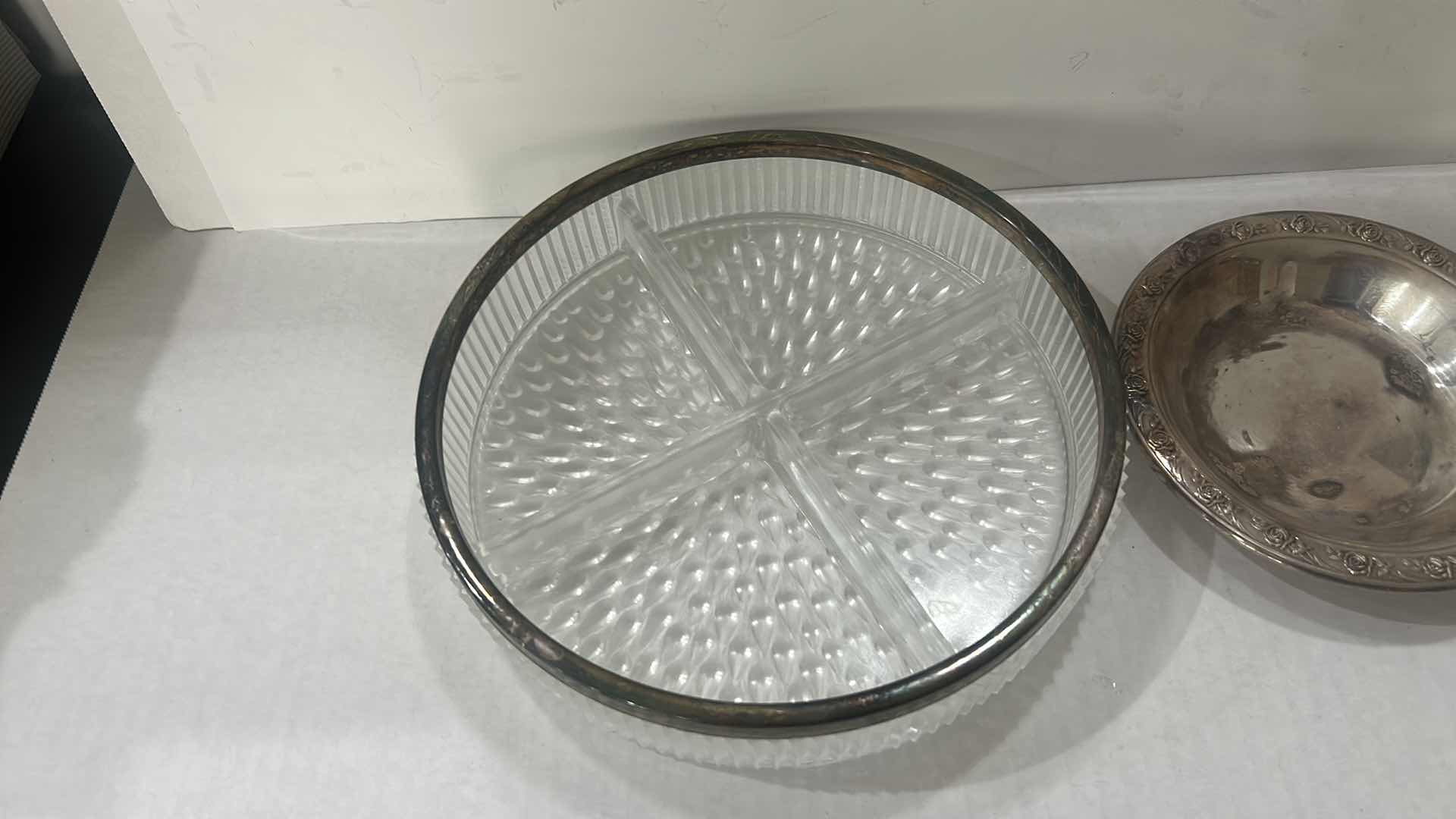 Photo 1 of VINTAGE ENGLISH PRESSED GLASS DIVIDED RELISH DISH WITH A SILVER-PLATED RIM & REED & BARTON CLASSIC ROSE DESIGN SILVER-PLATED CRYSTAL BOWL WITH SILVER-PLATED RIM, 10” X 2”.