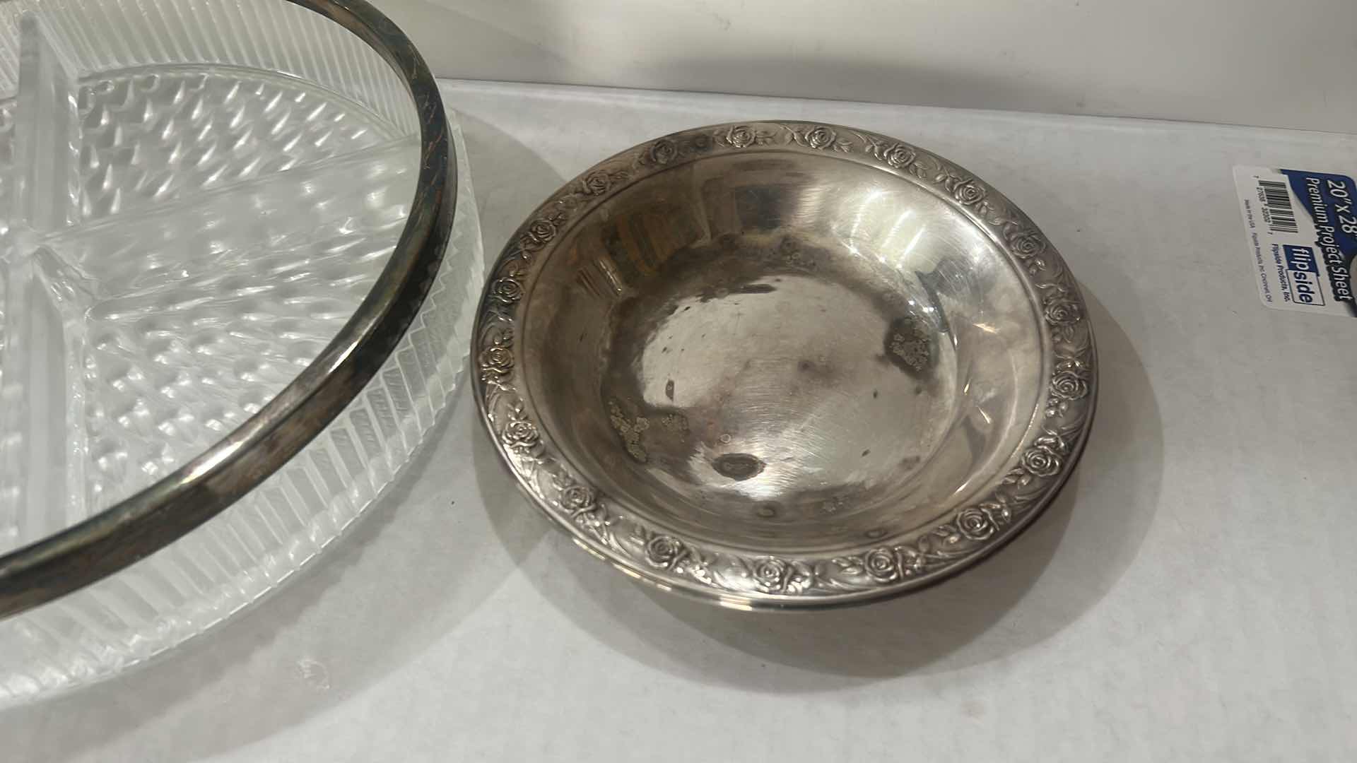 Photo 1 of VINTAGE ENGLISH PRESSED GLASS DIVIDED RELISH DISH WITH A SILVER-PLATED RIM & REED & BARTON CLASSIC ROSE DESIGN SILVER-PLATED CRYSTAL BOWL WITH SILVER-PLATED RIM, 10” X 2”.