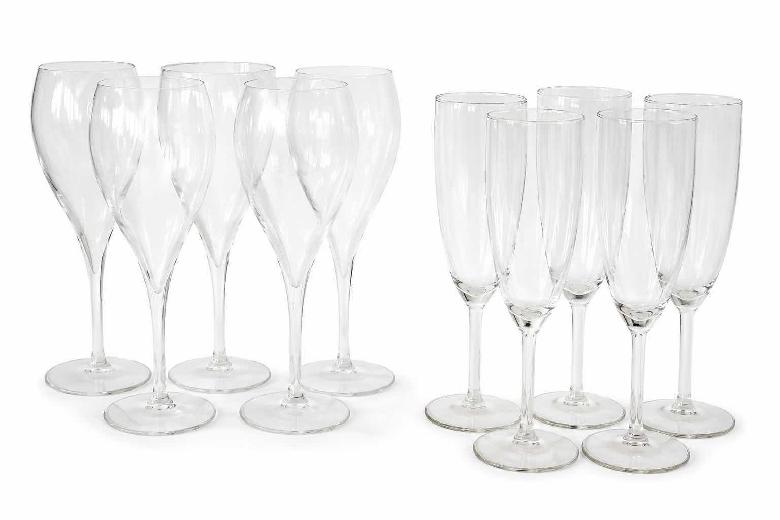 View 1 of 5 MARQUIS BY WATERFORD CRYSTAL CHAMPAGNE FLUTES IN THE POPULAR “OMEGA” PATTERN & 5 VINTAGE CLEAR GLASS CHAMPAGNE FLUTES,