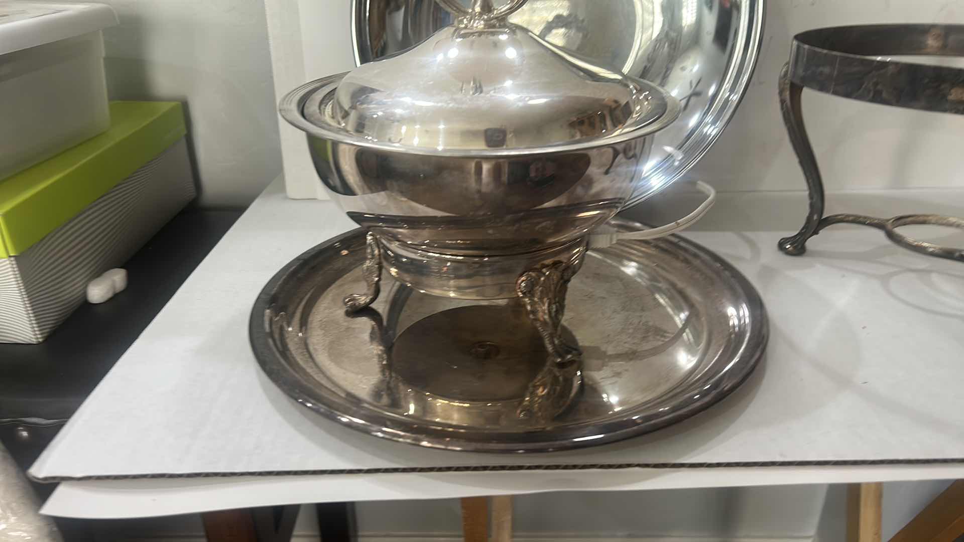 Photo 1 of VINTAGE SILVER-PLATED CHAFING DISH SET BY LEONARD SILVER INCLUDES A COVERED SERVING DISH, A HEAT-RESISTANT GLASS BOWL INSERT, A WARMING STAND, AND A SERVING TRAY.
