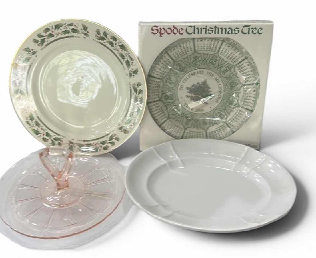 Photo 1 of MIX OF VINTAGE HOLIDAY TABLEWARE, MID-CENTURY DEPRESSION GLASS, AND ANTIQUE IRONSTONE.