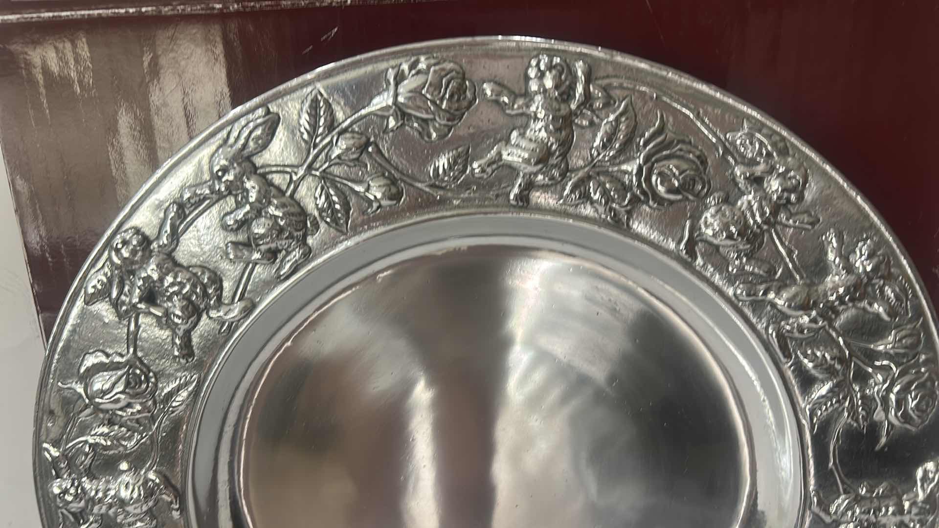 Photo 1 of 1995 ARTHUR COURT RABBIT AND ROSES 14” ALUMINUM SERVING PLATTER.