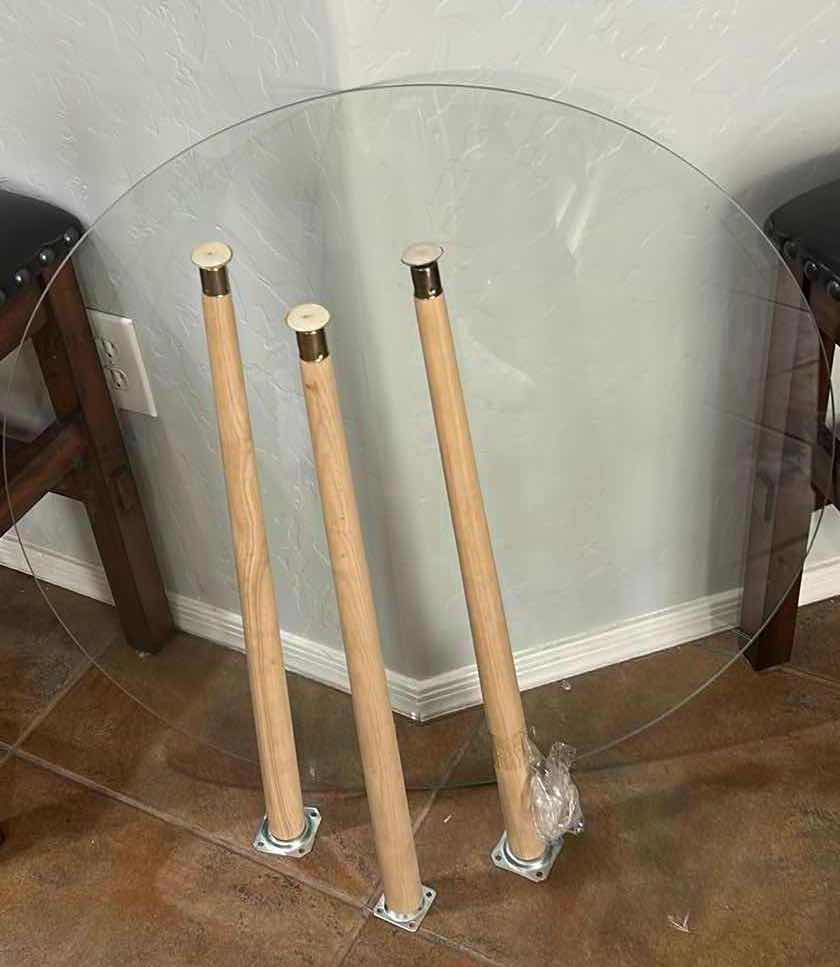 Photo 1 of 30” ROUND GLASS PC. & 3 UNRELATED TABLE LEGS W/HARDWARE