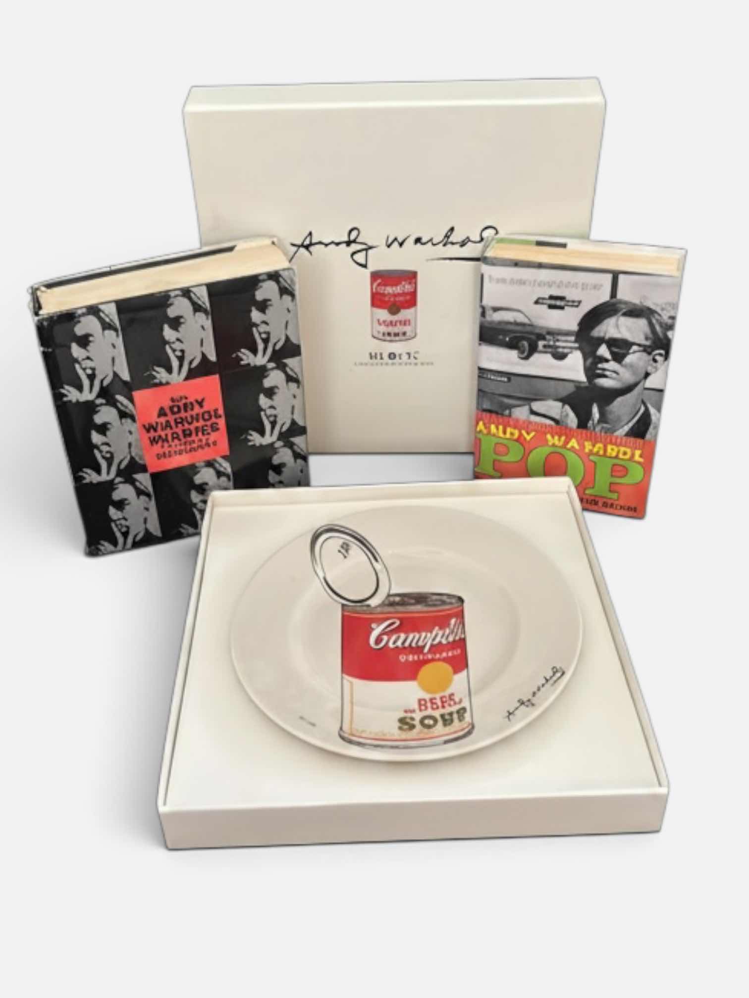 Photo 1 of ANDY WARHOL LIMITED EDITION BOX COLLECTOR SET – CAMPBELL SOUP CAN CERAMIC PLATE &  HARDCOVER  BOOKS