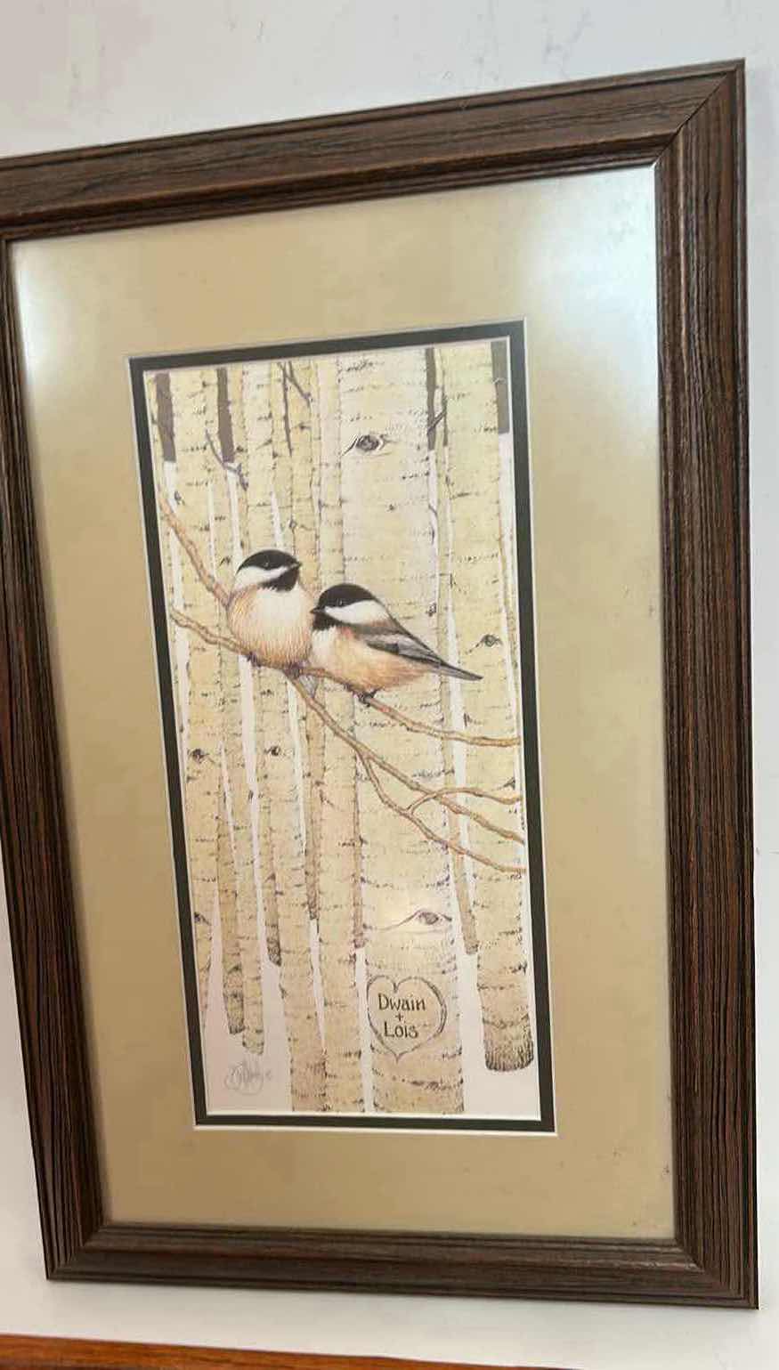 Photo 1 of FRAMED ARTWORK TITLED “LOVE BIRDS” DESIGNED BY SCOTT KENNEDY FEATURING A PAIR OF CHICKADEES ON BIRCH TREES AND A PERSONALIZED CARVING 12” x H18 1/2”