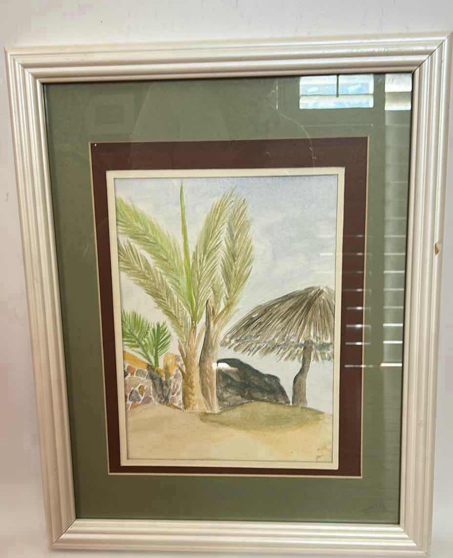 Photo 1 of FRAMED WATERCOLOR PAINTING, ARTWORK FEATURING A TROPICAL SCENE. 16“ x H20 1/2