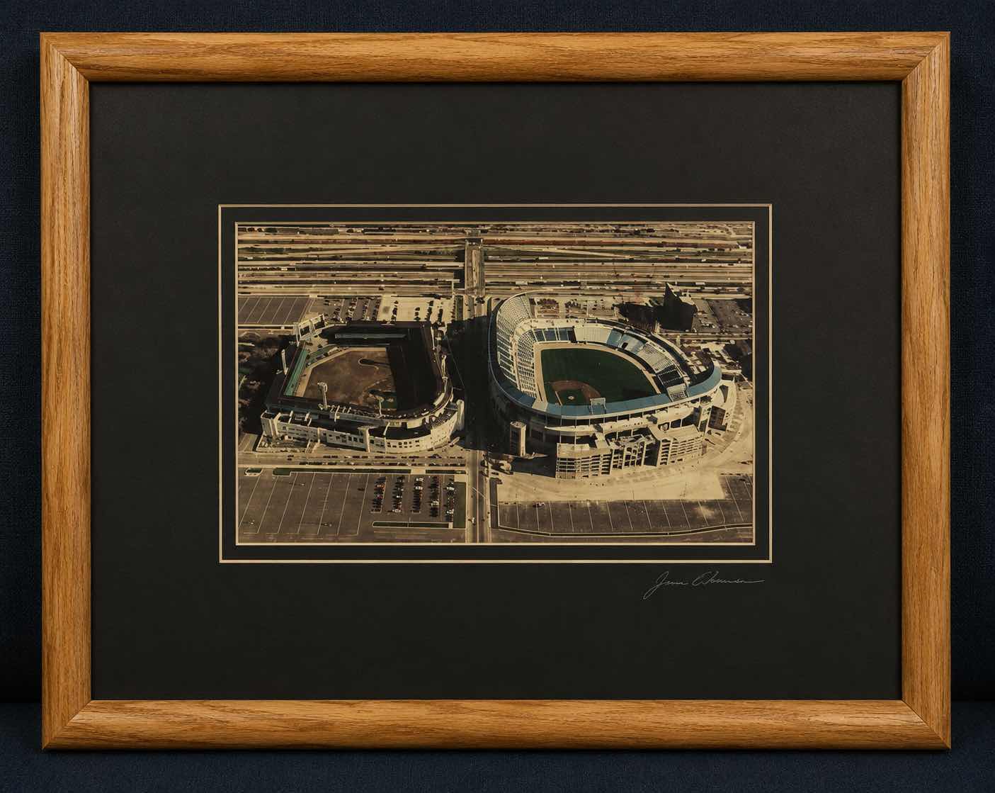 Photo 1 of FRAMED AND SIGNED PHOTO BY BOB HORSCH GALLERY PRINT ARTWORK FEATURING BOTH THE OLD AND NEW COMISKY PARK . 21 1/2” x H17 1/2”