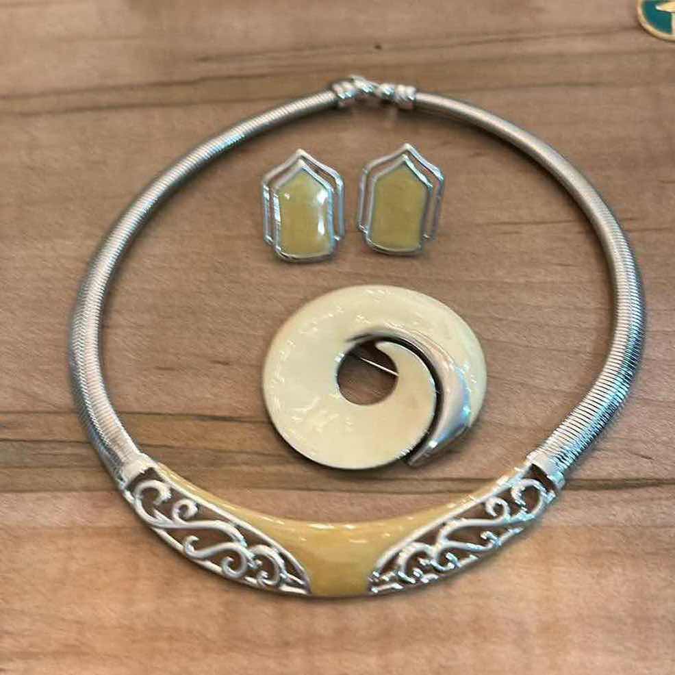 Photo 1 of SILVER-TONE & BEIGE ENAMEL NECKLACE WITH MATCHING EARRINGS & SPIRAL BROOCH