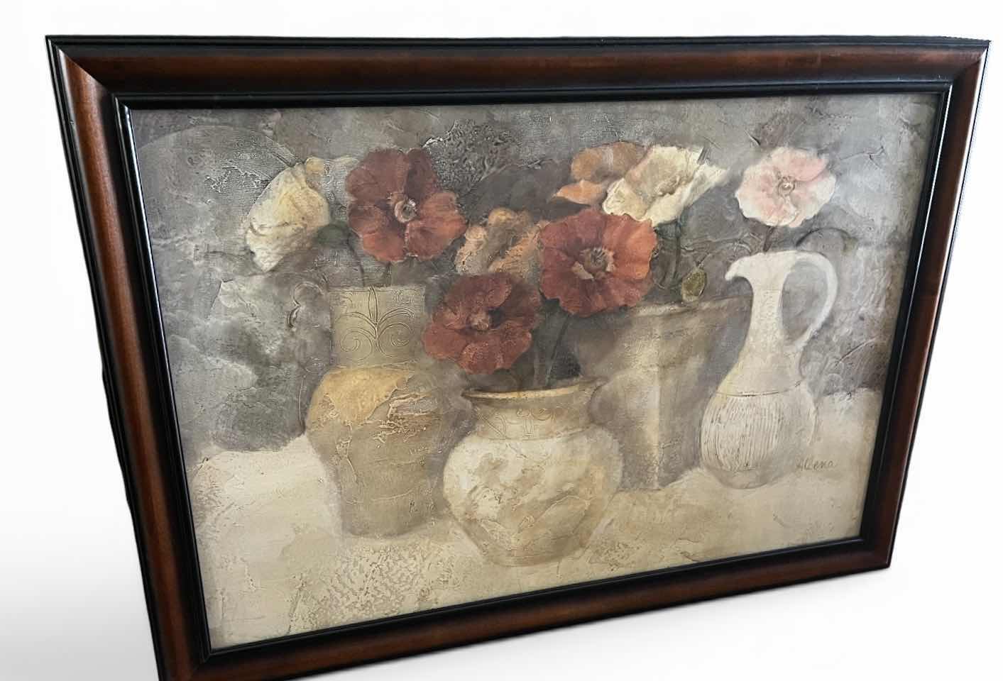 Photo 1 of FRAMED ARTWORK “POPPIES IN WHITE” W RED AND WHITE POPPIES IN A RUSTIC CERAMIC VASE. 40” x H28”
