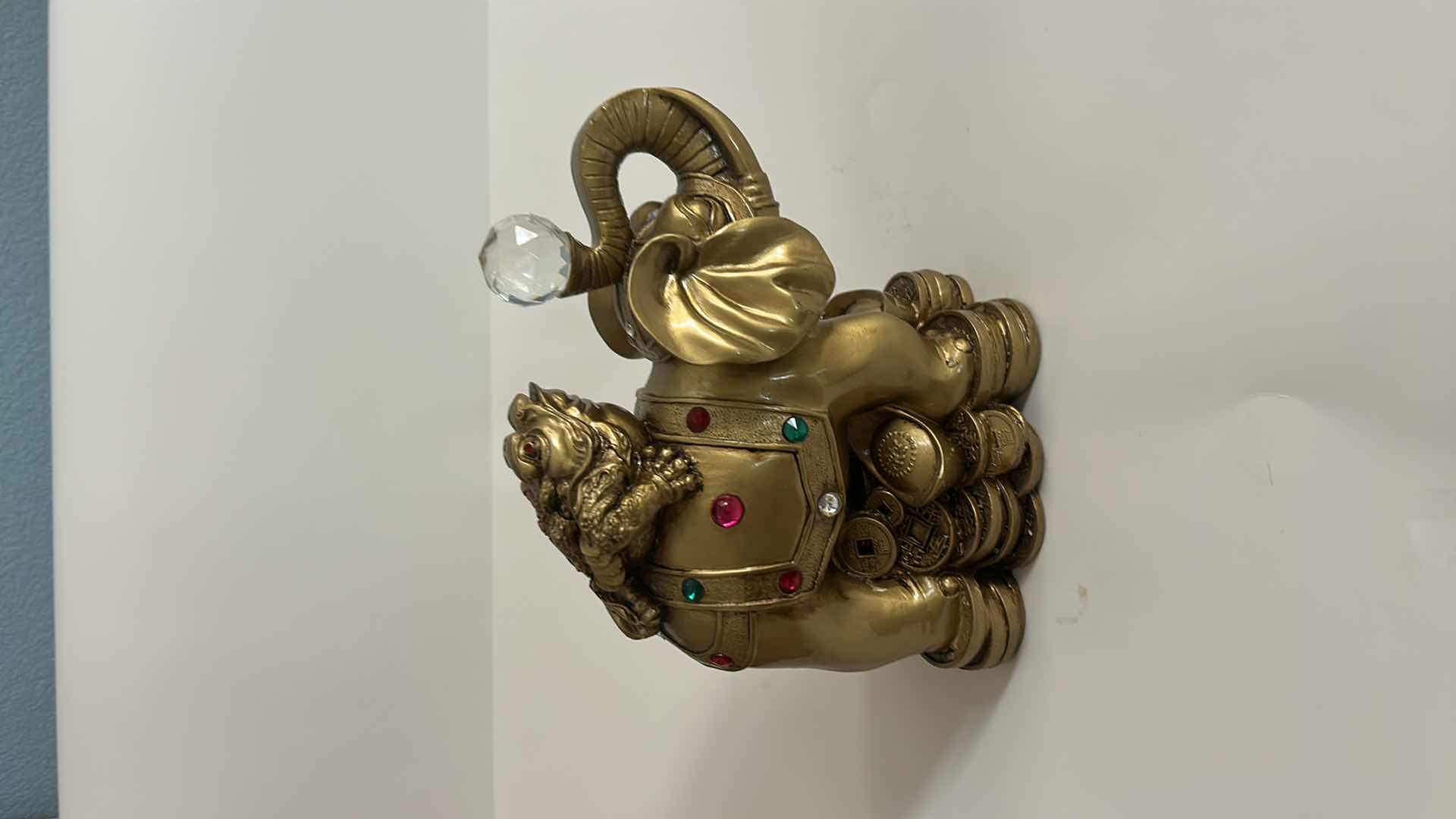 View 5 of FENG SHUI ORNAMENT – GOLDEN ELEPHANT, SUPPORTING A THREE LEGGED MONEY TOAD AND HOLDING A CRYSTAL BALL FIGURINE H7 1/2”