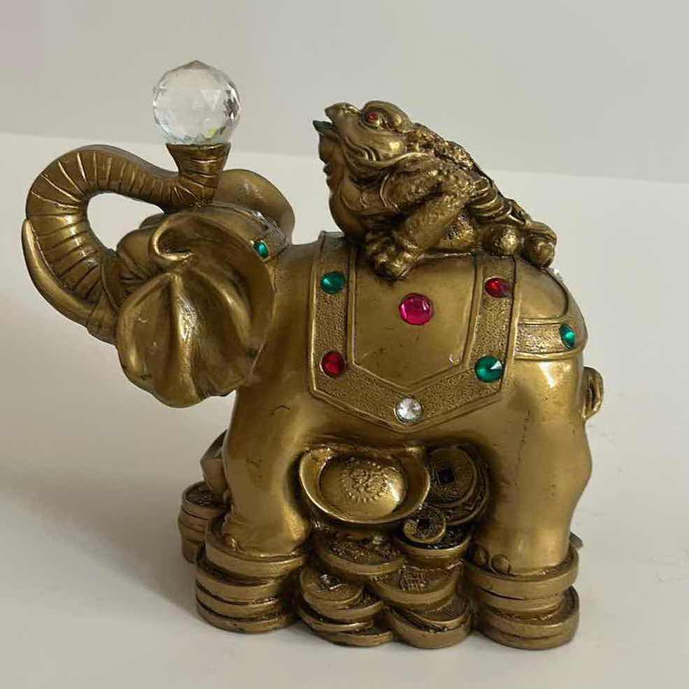 View 2 of FENG SHUI ORNAMENT – GOLDEN ELEPHANT, SUPPORTING A THREE LEGGED MONEY TOAD AND HOLDING A CRYSTAL BALL FIGURINE H7 1/2”