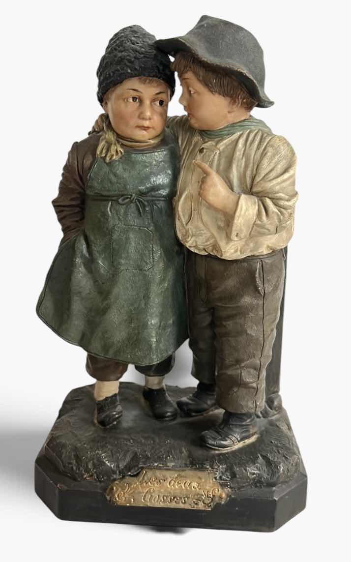 Photo 1 of LATE 19TH CENTURY, POLYCHROME, TERRA-COTTA SCULPTURE TITLED “Les Deux Gosses" (The Two Kids) or "Ein wichtiges Geheimnis!" (An Important Secret!), DESIGNED BY AUSTRIAN ARTIST JOHANN MARESCH. METAL H12” $200