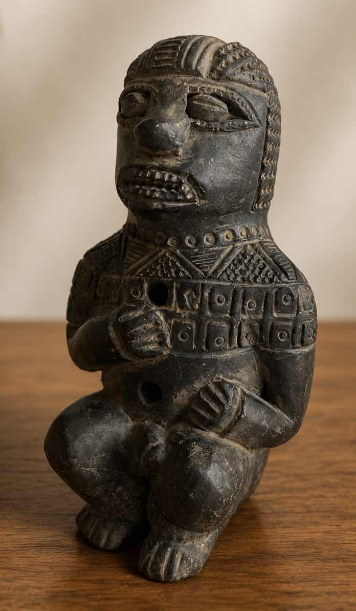 Photo 1 of VINTAGE PERUVIAN PRE-COLOMBIAN STYLE BLACKWARE  POTTERY, FERTILITY WHISTLE FLUTE H6”