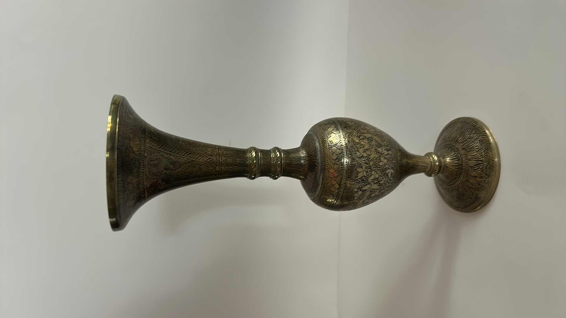 Photo 1 of VINTAGE SOLID BRASS VASE MADE IN INDIA, FEATURING INTRICATE ETCHED FLORAL PATTERNS H11.5”