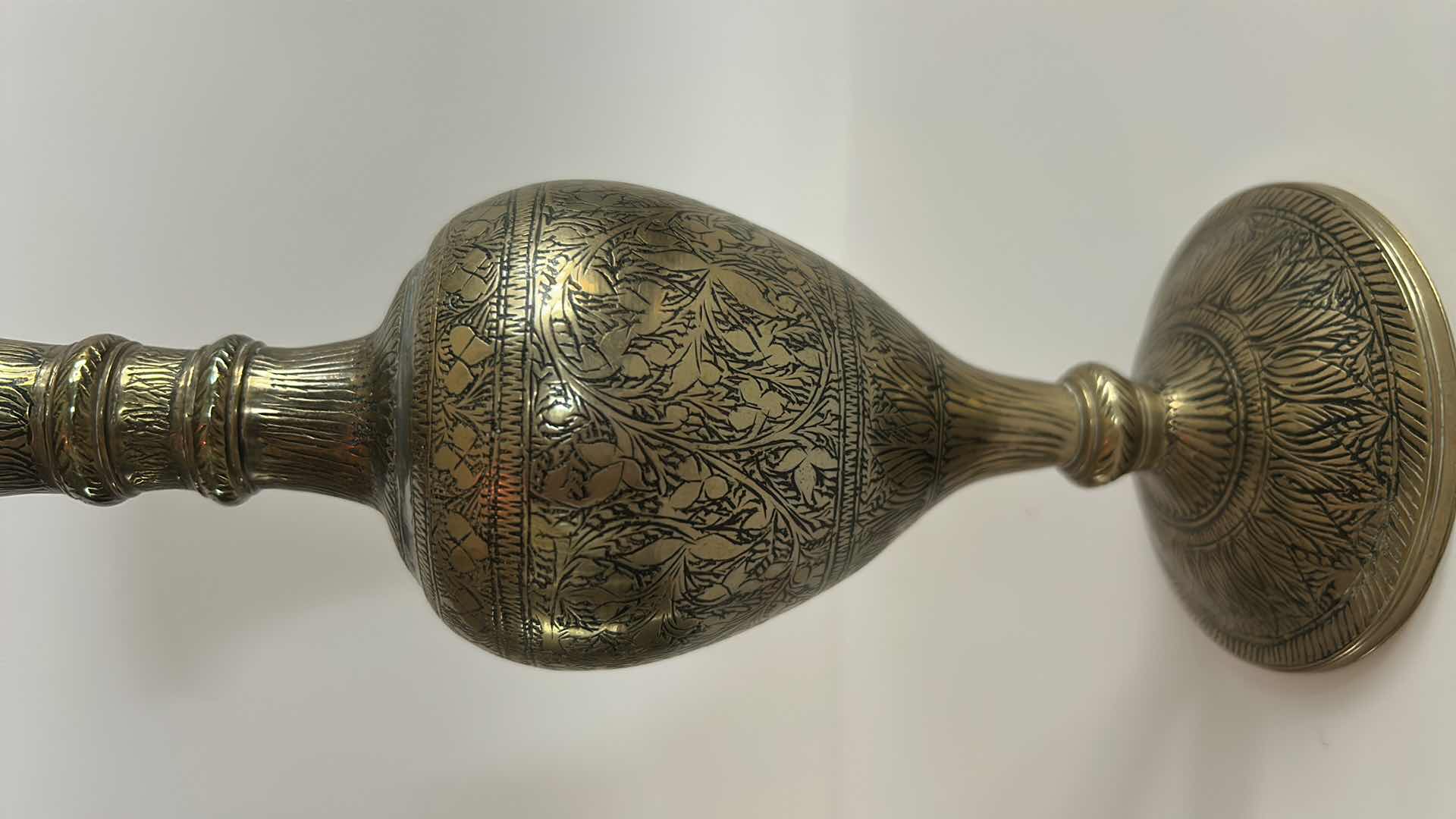 Photo 1 of VINTAGE SOLID BRASS VASE MADE IN INDIA, FEATURING INTRICATE ETCHED FLORAL PATTERNS H11.5”