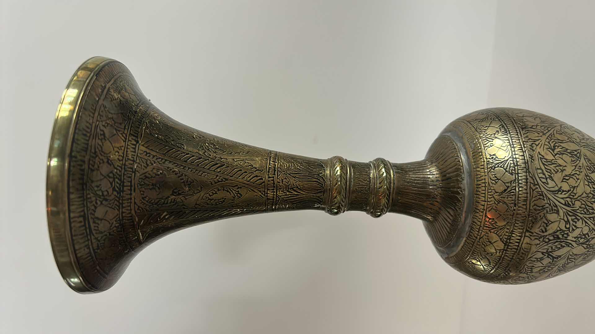 Photo 1 of VINTAGE SOLID BRASS VASE MADE IN INDIA, FEATURING INTRICATE ETCHED FLORAL PATTERNS H11.5”