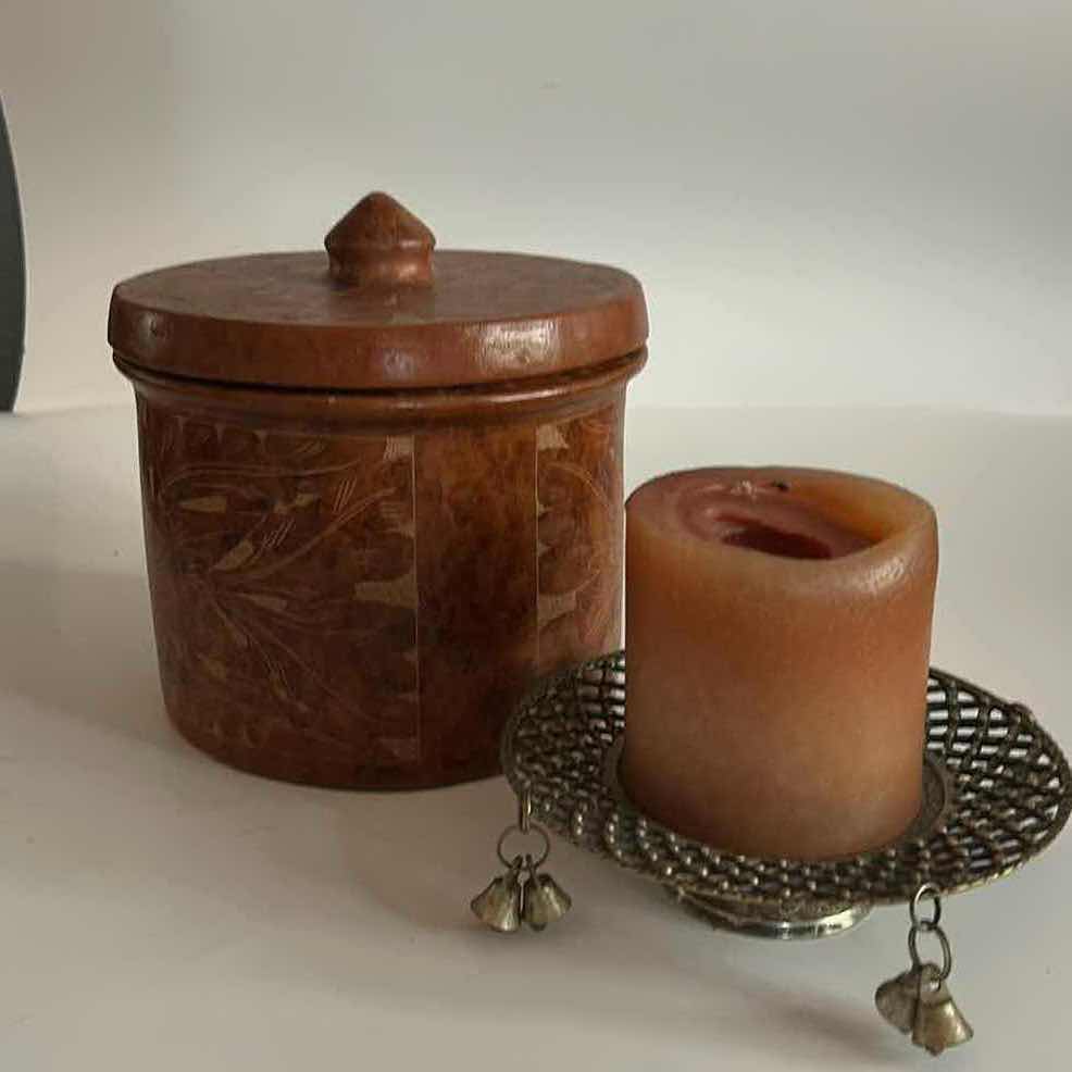 Photo 1 of HOME DECOR- VINTAGE INDONESIAN SASAK POTTERY LIDDED CANISTER, H6.5” , CANDLE WITH HOLDER, PIG POTTERY, ETCHED VASE & PAINTED VASE