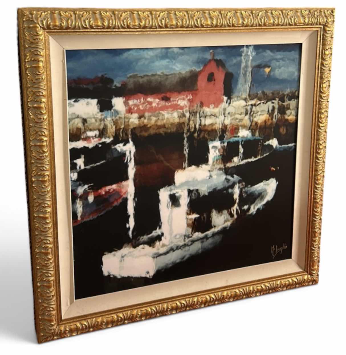 Photo 1 of FRAMED EXPRESSIONIST OIL, PAINTING ON CANVAS HARBOR SCENE ARTWORK. SIGNED BY ARTIST MCLAUGHLIN 46 1/2” x H4’