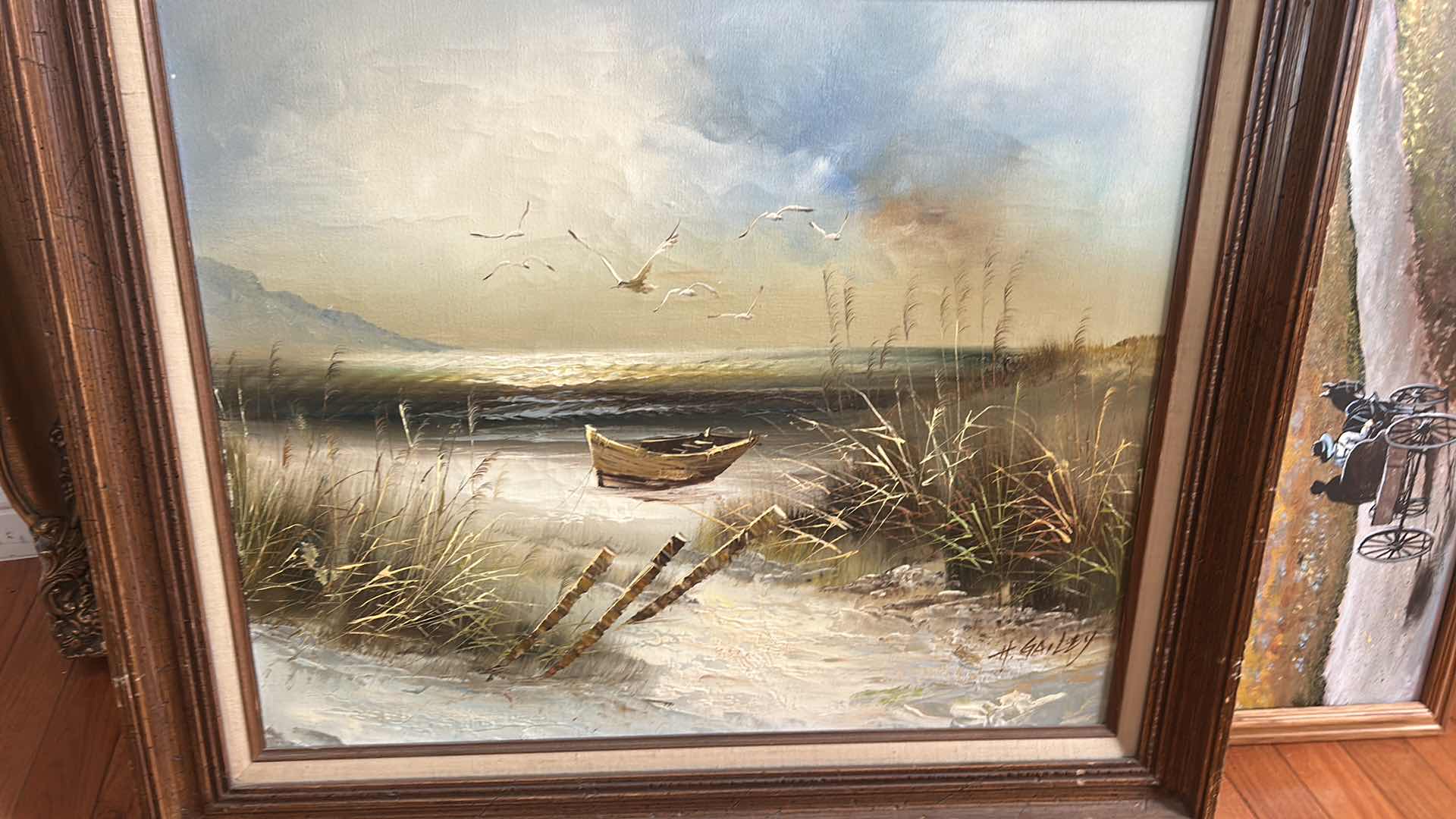 Photo 1 of FRAMED VINTAGE OIL ON CANVAS, PAINTING, ARTWORK, SIGNED BY ARTIST, HOWARD GAILEY, FEATURING A COASTAL BEACH SCENE . 30“ x H26 1/2“ $200