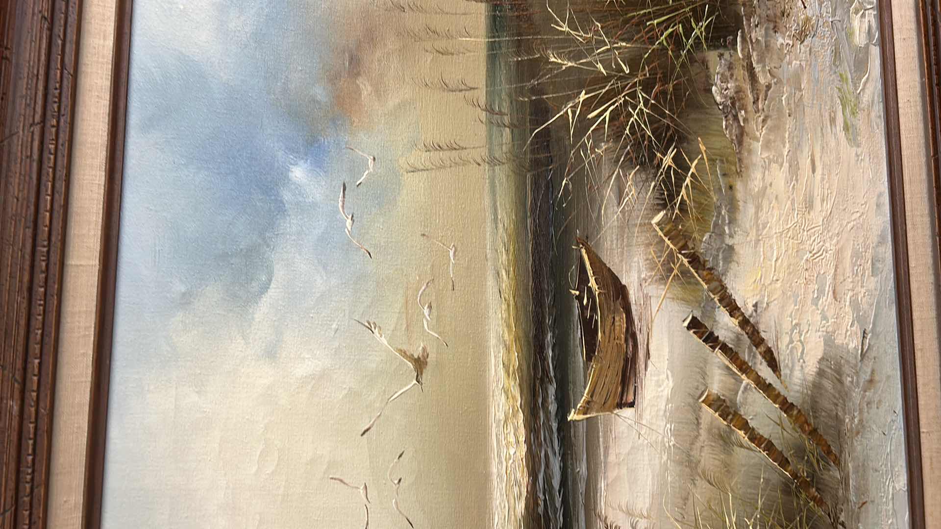 Photo 1 of FRAMED VINTAGE OIL ON CANVAS, PAINTING, ARTWORK, SIGNED BY ARTIST, HOWARD GAILEY, FEATURING A COASTAL BEACH SCENE . 30“ x H26 1/2“ $200