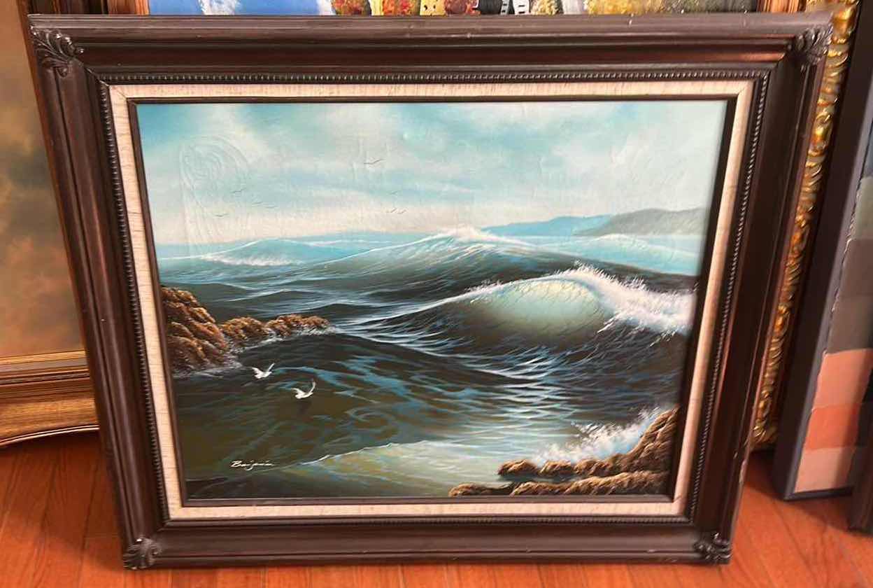 Photo 1 of VINTAGE FRAMED SEASCAPE OIL, PAINTING ON CANVAS ARTWORK, SIGNED BY ARTIST. 30 1/2“ x H26“