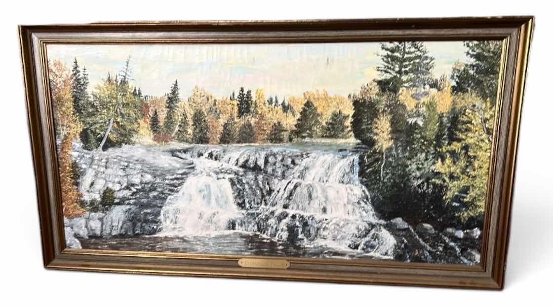 Photo 1 of FRAMED VINTAGE OIL ON CANVAS PAINTING ARTWORK, “EVERGREEN FALLS” 39“ x H21“
