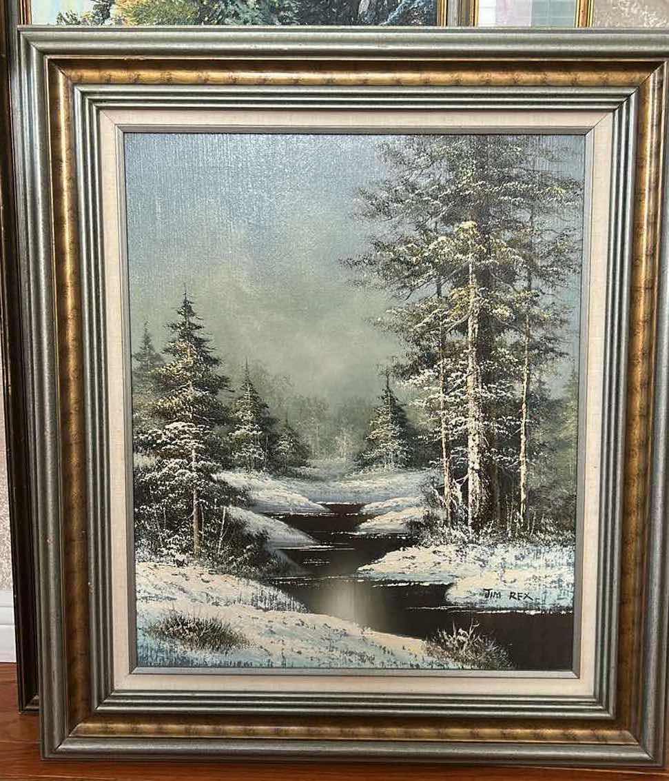 Photo 1 of VINTAGE FRAMED OIL ON CANVAS, PAINTING, ARTWORK FEATURING A SNOWY WINTER LANDSCAPE, 
28” x  H32” $100