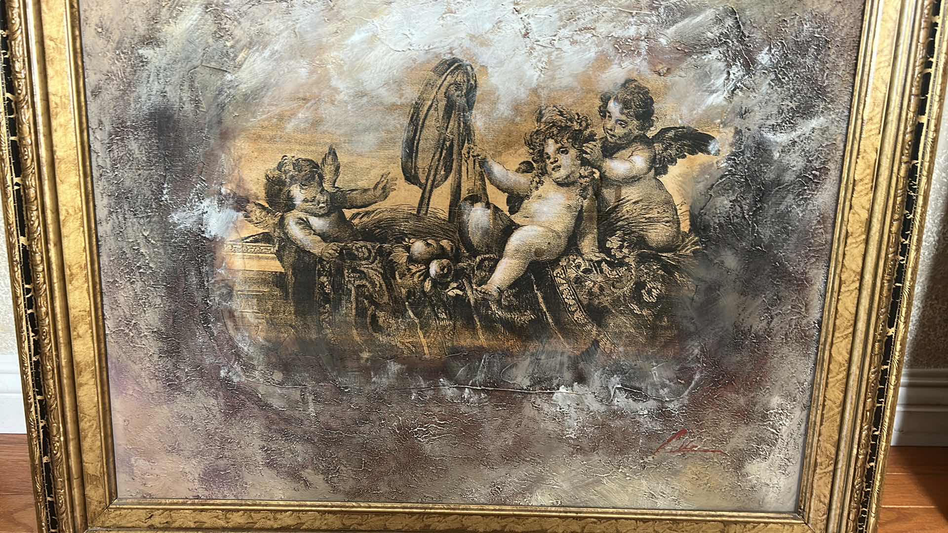 Photo 1 of VINTAGE FRAMED CLASSICAL STYLE OIL PAINTING ON CANVAS ARTWORK FEATURING PLAYFUL CHERUBS, AMONGST A HEAVY TEXTURED BACKGROUND. 30“ x H26“$300