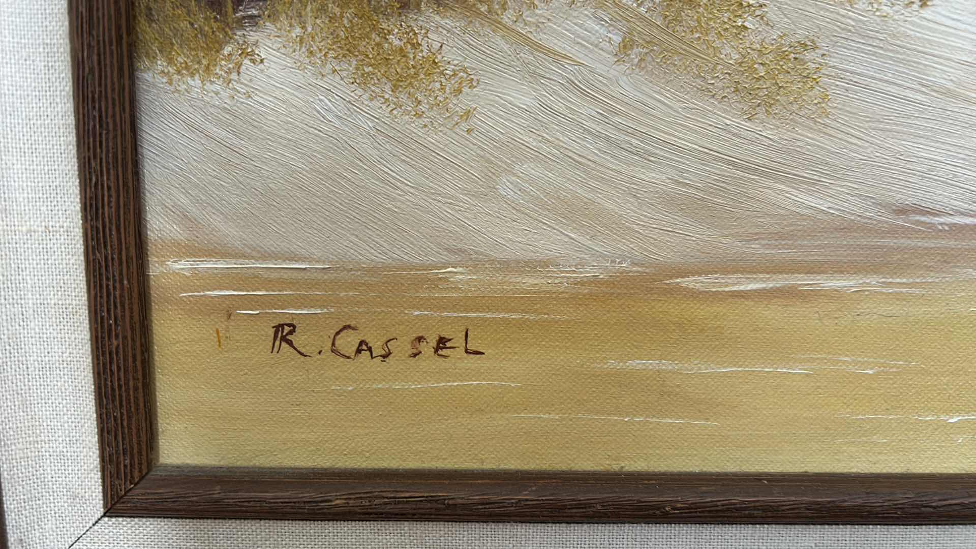 Photo 1 of VINTAGE FRAMED OIL ON CANVAS ARTWORK, WINTER LANDSCAPE SIGNED BY THE ARTIST RENOS. 25 1/2” x H21 1/2”