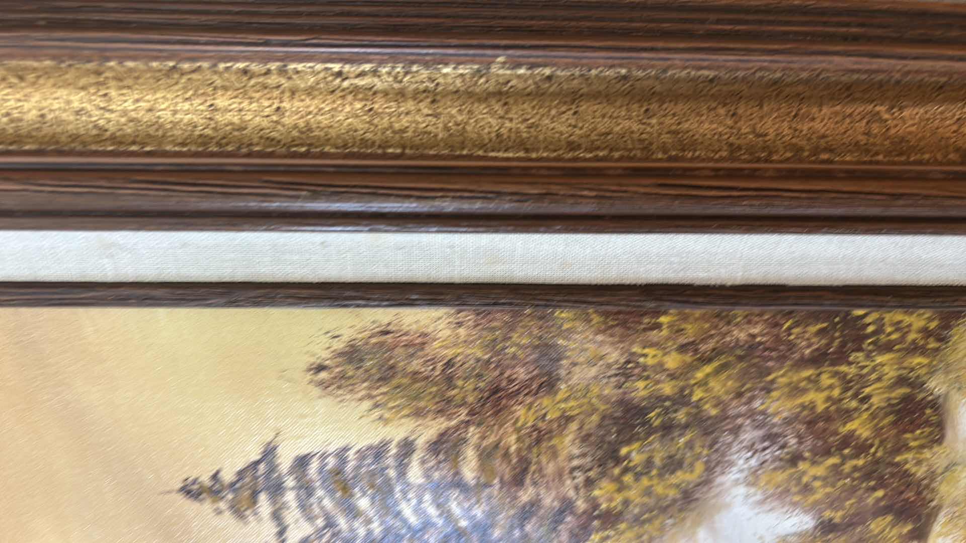 Photo 1 of VINTAGE FRAMED OIL ON CANVAS ARTWORK, WINTER LANDSCAPE SIGNED BY THE ARTIST RENOS. 25 1/2” x H21 1/2”