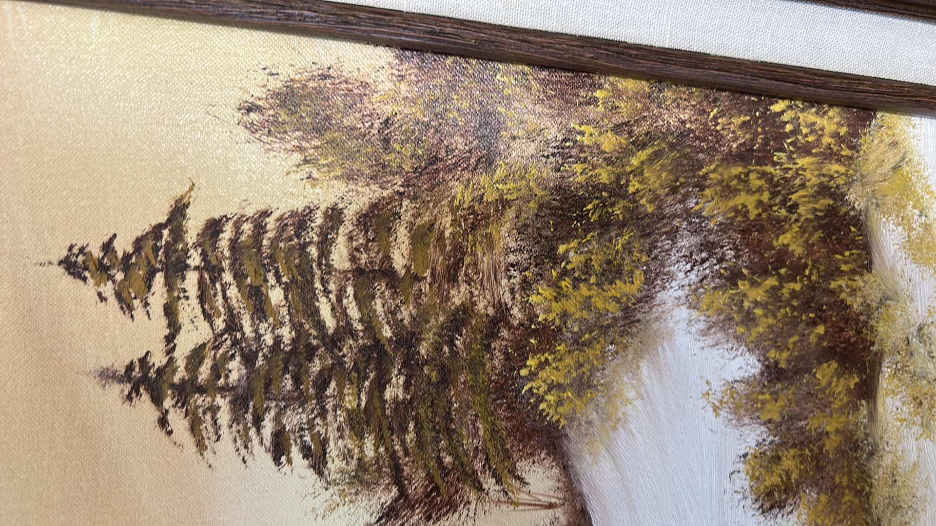 Photo 1 of VINTAGE FRAMED OIL ON CANVAS ARTWORK, WINTER LANDSCAPE SIGNED BY THE ARTIST RENOS. 25 1/2” x H21 1/2”