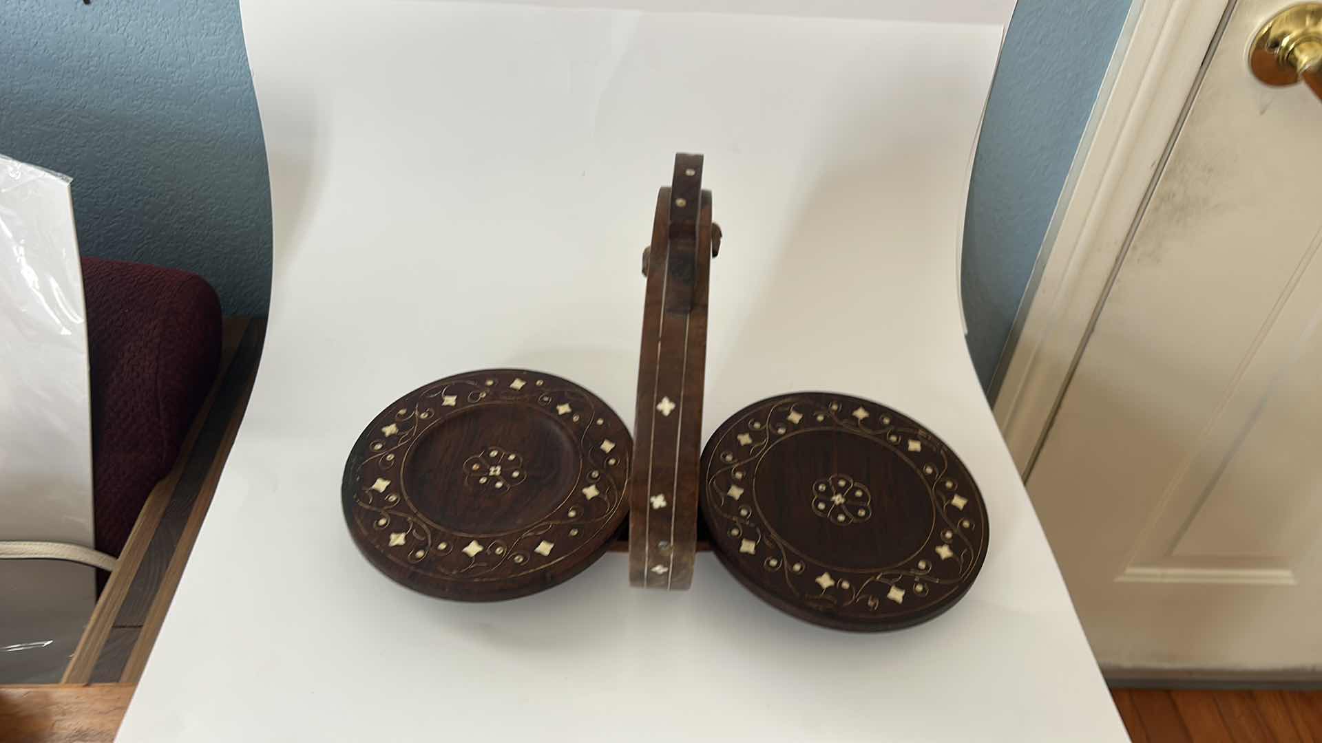 Photo 1 of VINTAGE INLAID WOOD FOLDING SERVING TRAY/CENTERPIECE, H11”