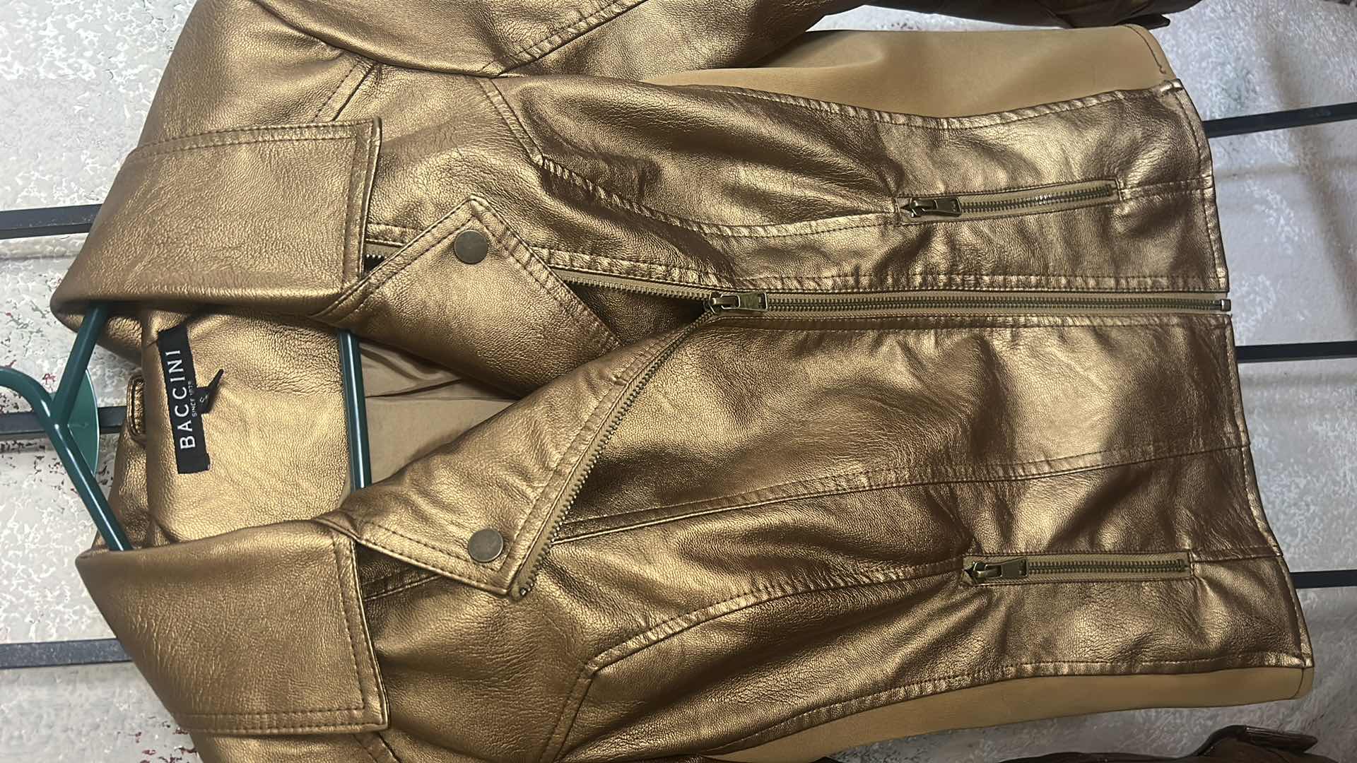 View 3 of BACCINI MOTORCYCLE STYLE JACKET FEATURING A METALLIC GOLD FINISH ESTIMATED WOMEN’S SIZE SMALL MEDIUM