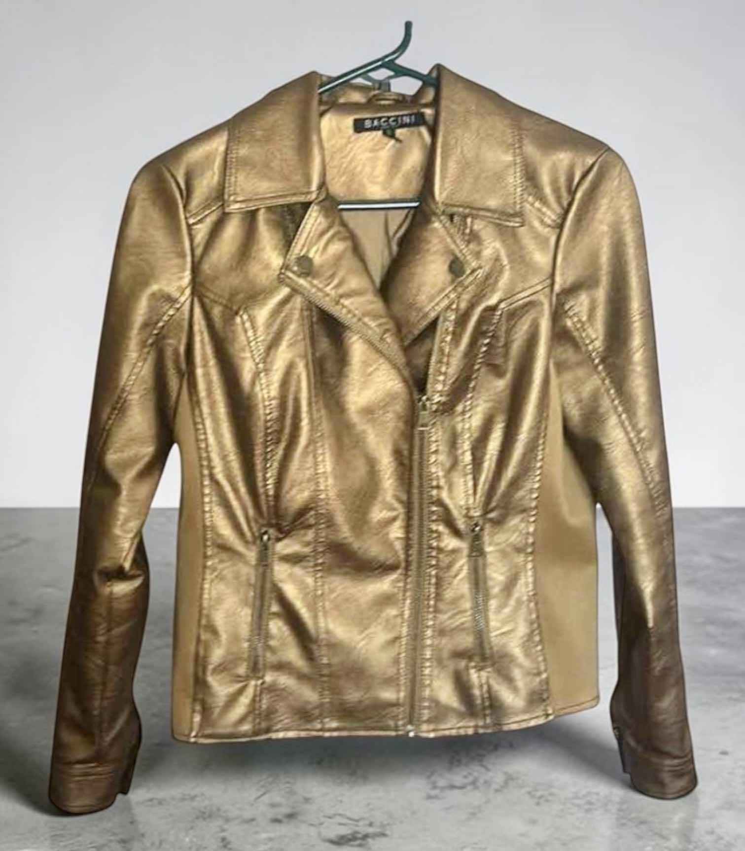 View 1 of BACCINI MOTORCYCLE STYLE JACKET FEATURING A METALLIC GOLD FINISH ESTIMATED WOMEN’S SIZE SMALL MEDIUM