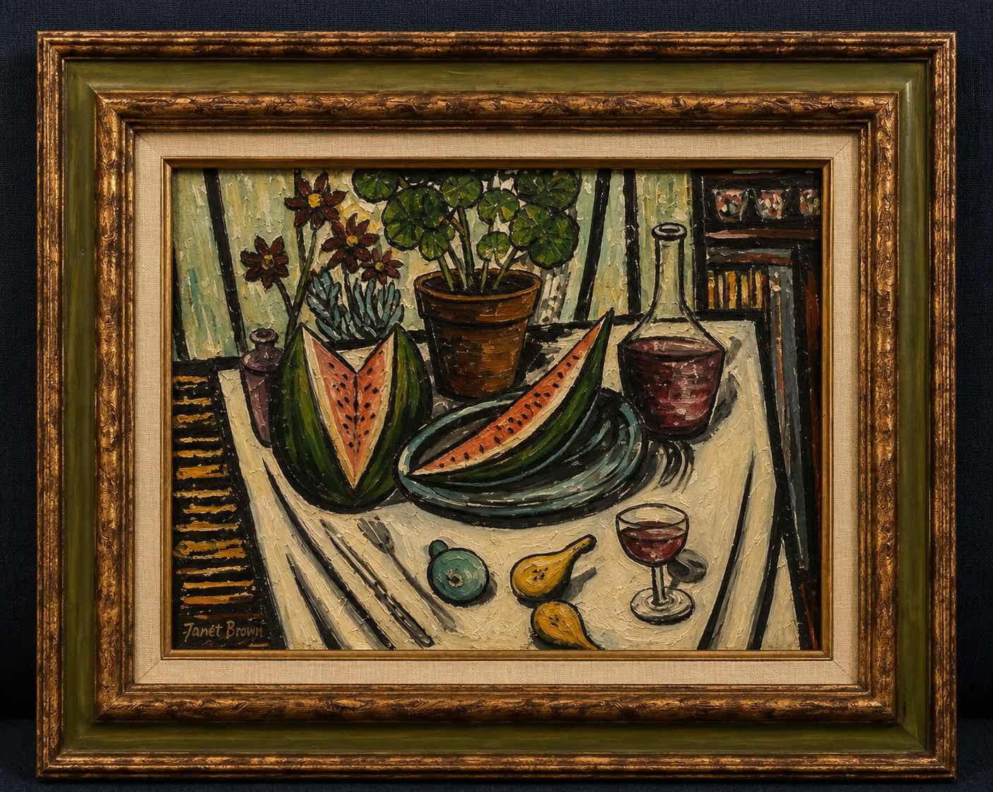 Photo 1 of FRAMED AND SIGNED ART ON CANVAS  BY ARTIST  FRANK PIAZZI (AMERICAN, 20TH CENTURY) ORIGINAL MID-CENTURY STILL LIFE OIL PAINTING ARTWORK, 32 1/2” x H
27”
