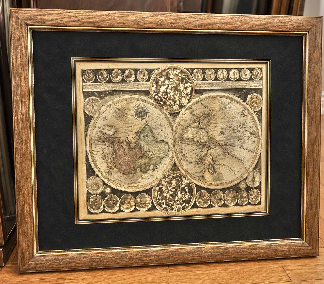 Photo 1 of VINTAGE FRAMED PRINT ARTWORK OF THE PLANISPHAERIUM TERRESTRE WORLD MAP BY PETER SCHENK THE ELDER, FEATURING A DISTINCT GOLD FOIL FINISH. 25 1/2 x H32”