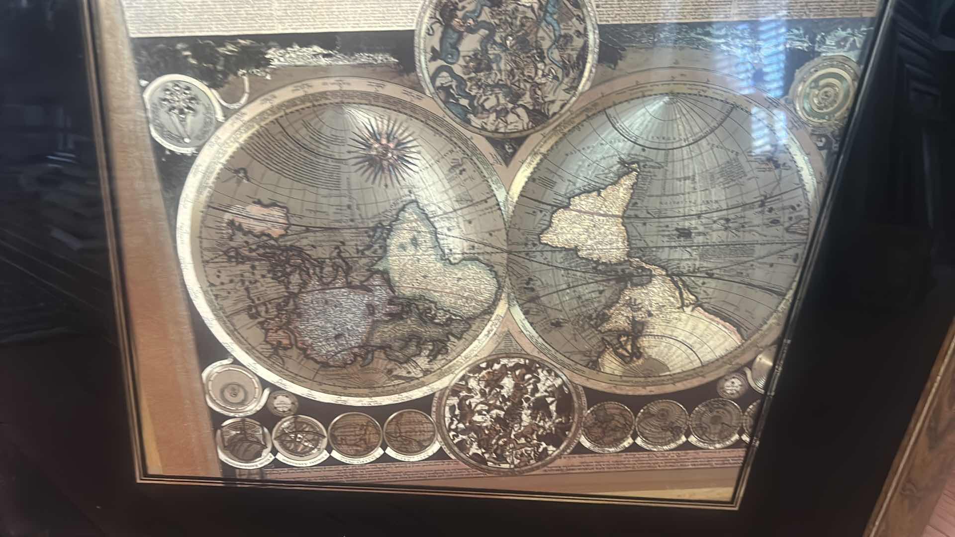 Photo 1 of VINTAGE FRAMED PRINT ARTWORK OF THE PLANISPHAERIUM TERRESTRE WORLD MAP BY PETER SCHENK THE ELDER, FEATURING A DISTINCT GOLD FOIL FINISH. 25 1/2 x H32”