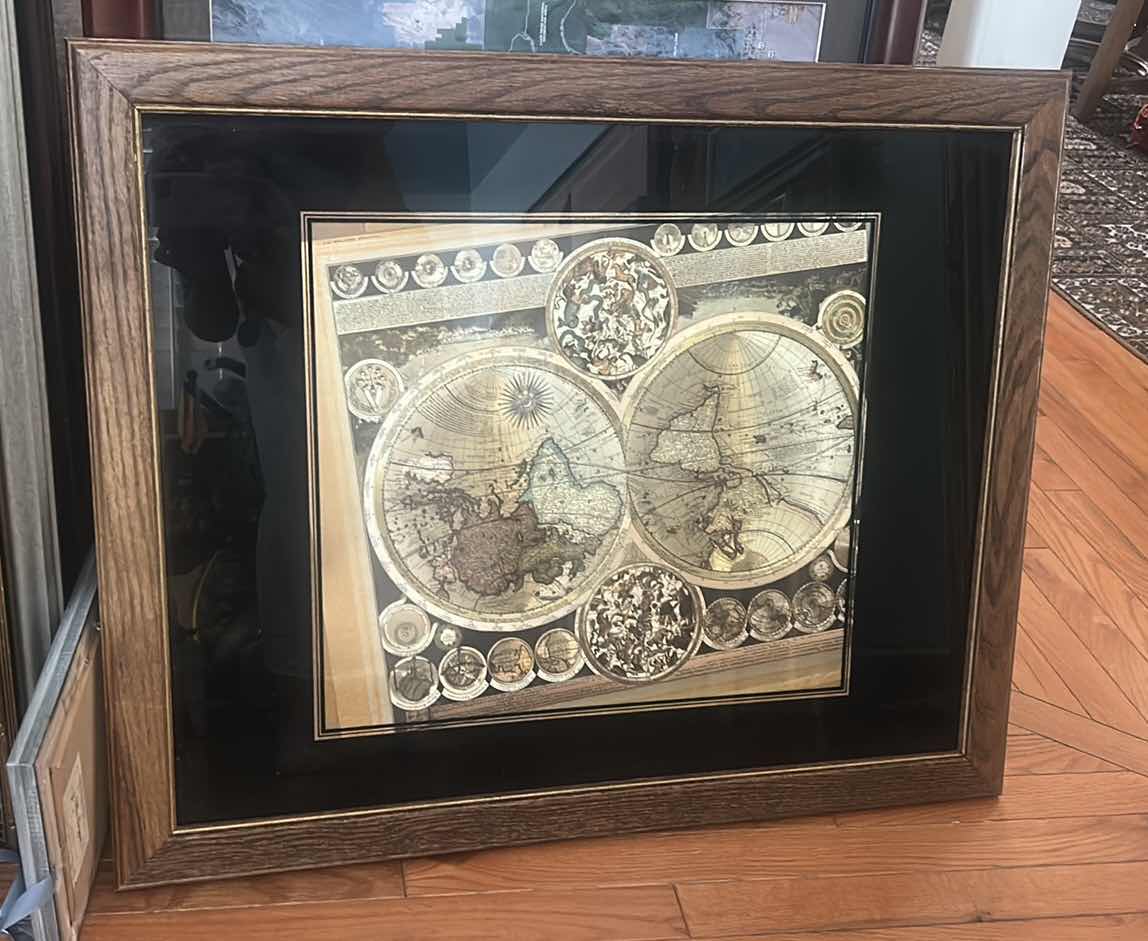 Photo 1 of VINTAGE FRAMED PRINT ARTWORK OF THE PLANISPHAERIUM TERRESTRE WORLD MAP BY PETER SCHENK THE ELDER, FEATURING A DISTINCT GOLD FOIL FINISH. 25 1/2 x H32”