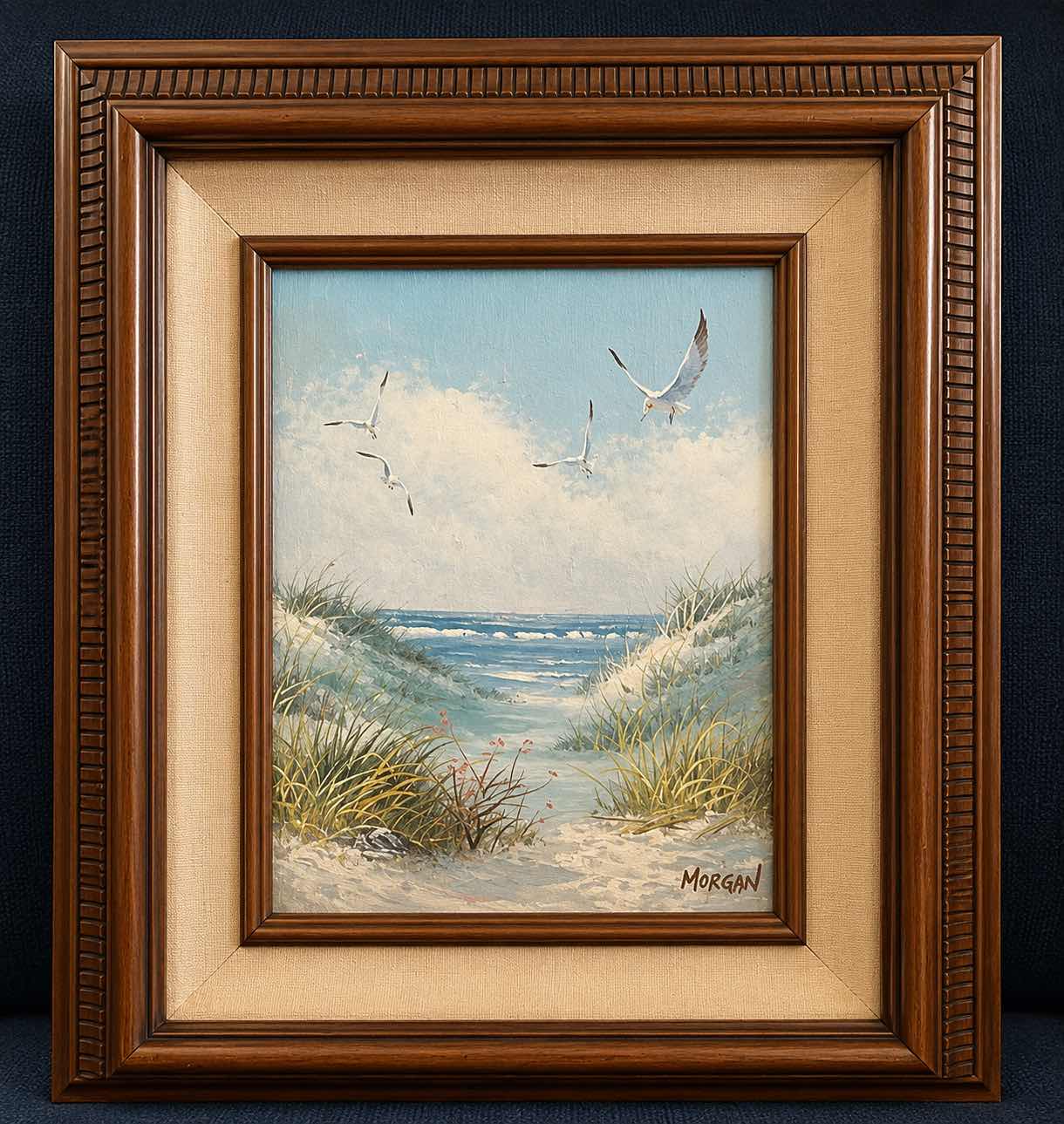 Photo 1 of FRAMED SIGNED SEASCAPE CANVAS, PAINTING ARTWORK BY MORGAN FEATURING A SANDY BEACH SCENE