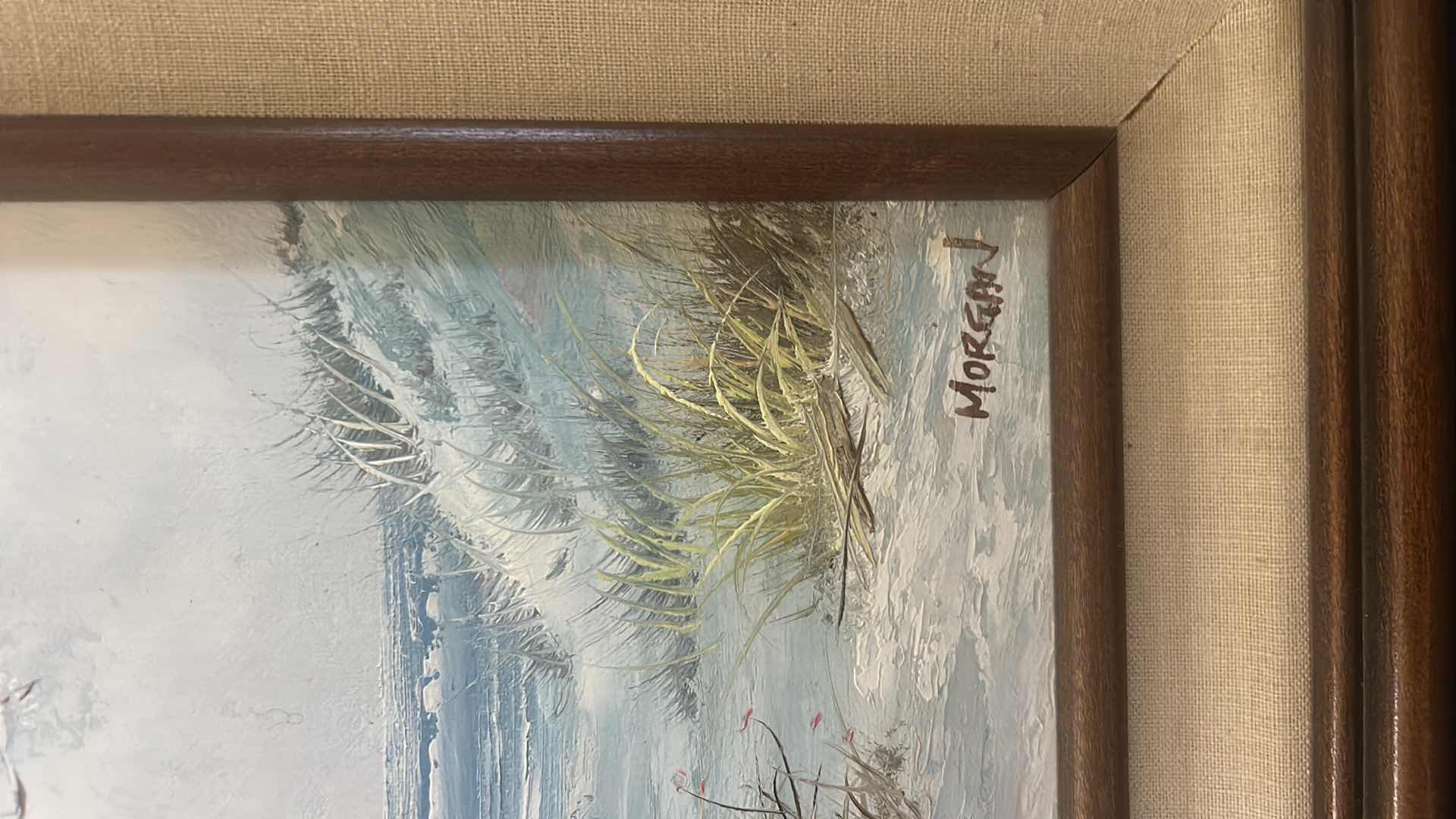 Photo 1 of FRAMED SIGNED SEASCAPE CANVAS, PAINTING ARTWORK BY MORGAN FEATURING A SANDY BEACH SCENE