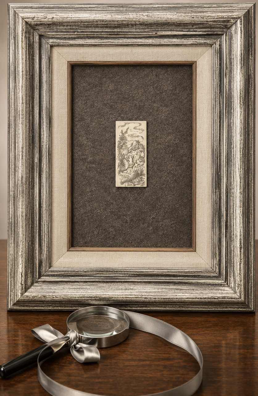 Photo 1 of FRAMED FINE ORIGINAL MINIATURE SCRIMSHAW ETCHING BY ELLEN VAN GUNST, DATED 1989. 9 1/2” x H10 1/2”$250