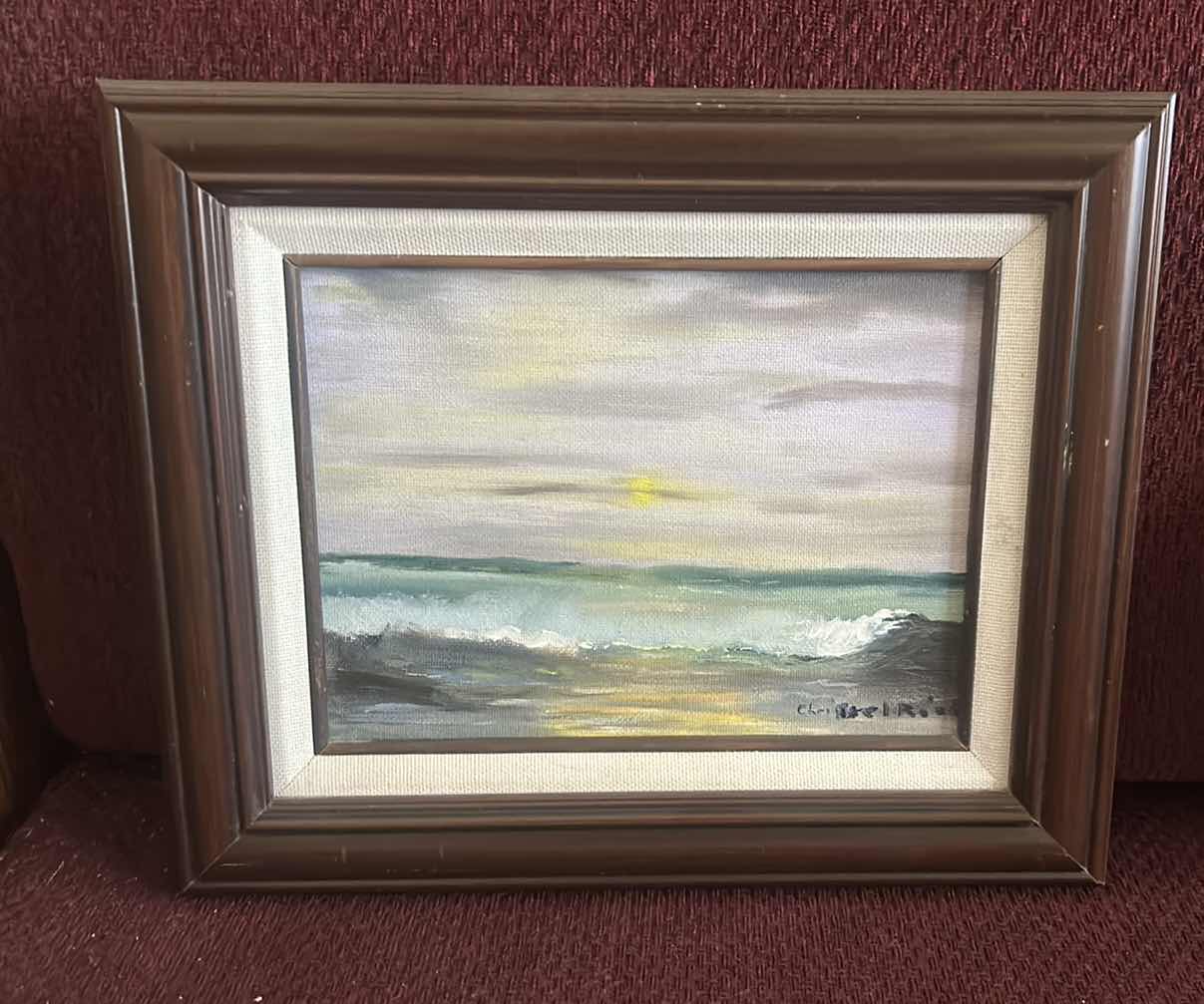 Photo 1 of FRAMED, SIGNED BY ARTIST, CHRISTOPHER REID, VINTAGE IMPRESSIONIST OIL ON CANVAS PAINTING ARTWORK FEATURING A SEASCAPE.  11 1/2” x H9 1/2”