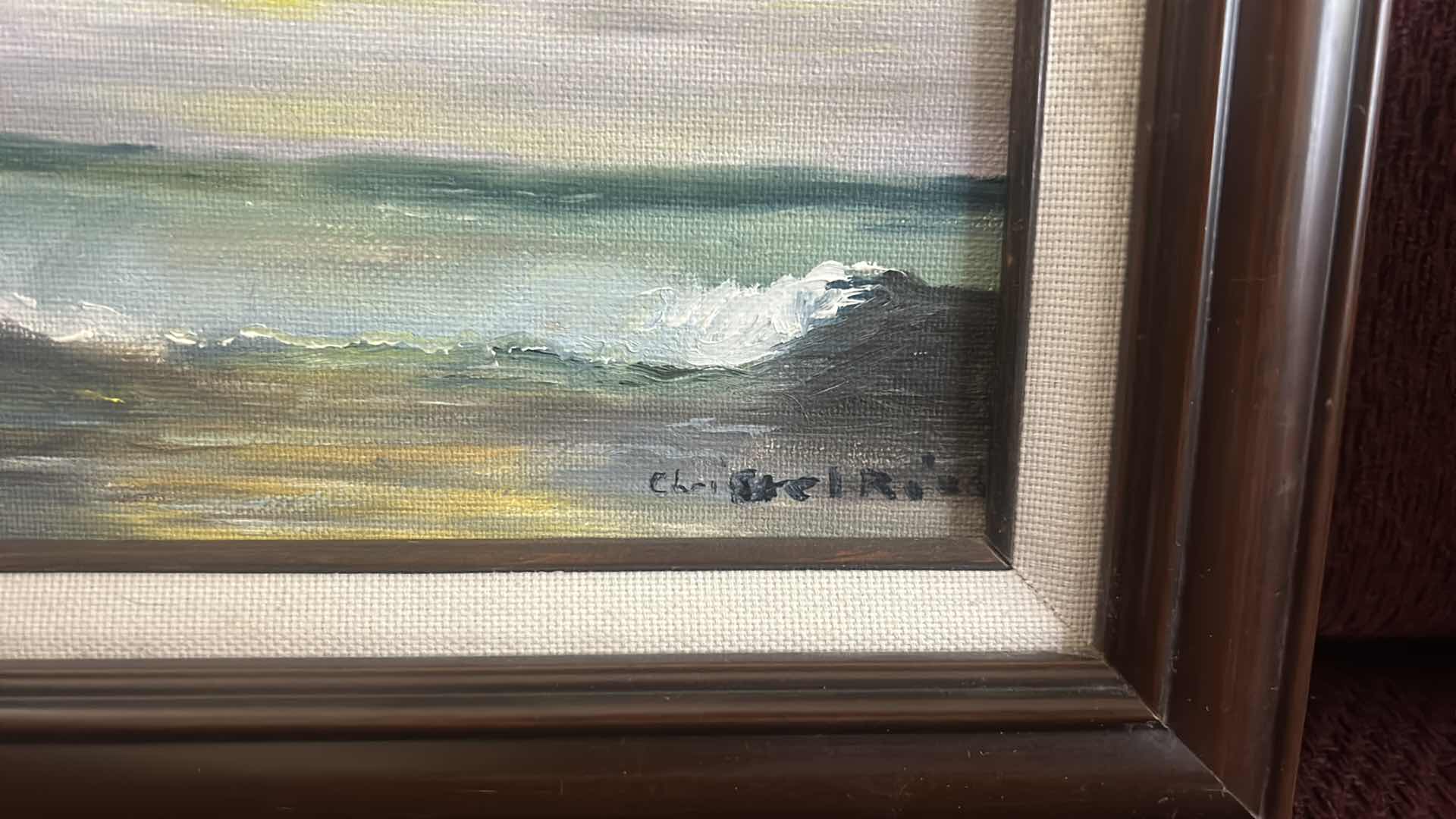 Photo 1 of FRAMED, SIGNED BY ARTIST, CHRISTOPHER REID, VINTAGE IMPRESSIONIST OIL ON CANVAS PAINTING ARTWORK FEATURING A SEASCAPE.  11 1/2” x H9 1/2”